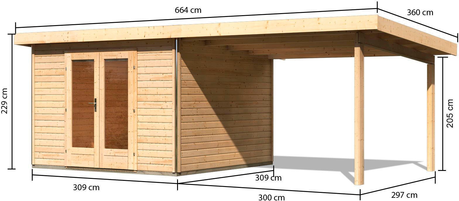 Karibu Gartenhaus »Rabensee 1«, (Set), mit Anbaudach 3,30 m, naturbelassen