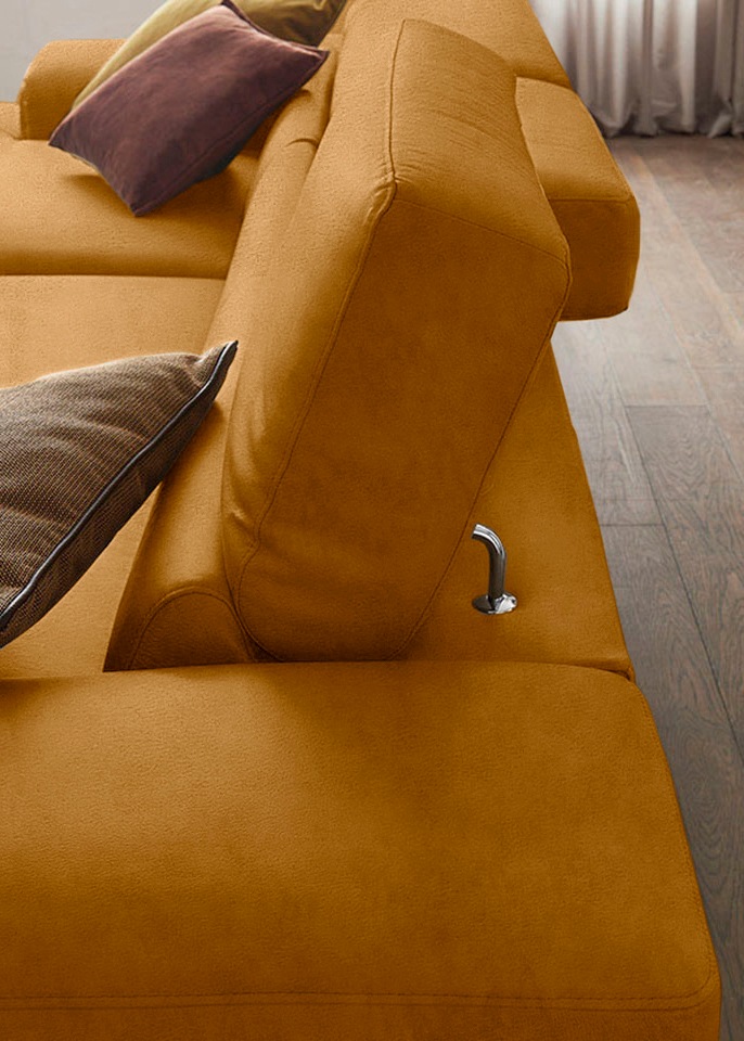 Ecksofa W.SCHILLIG "Piedroo, Designsofa mit tollem Sitzkomfort, elegant und bequem, L-Form", gelb (brandy s37), B:303cm H:70cm T:193cm, Stoff S37 (100% Polyester): Luxus-Microfaser in Lederoptik, Sofas, Ecksofa, Kopfteilverstellung, wahlweise mit Sitztief 9