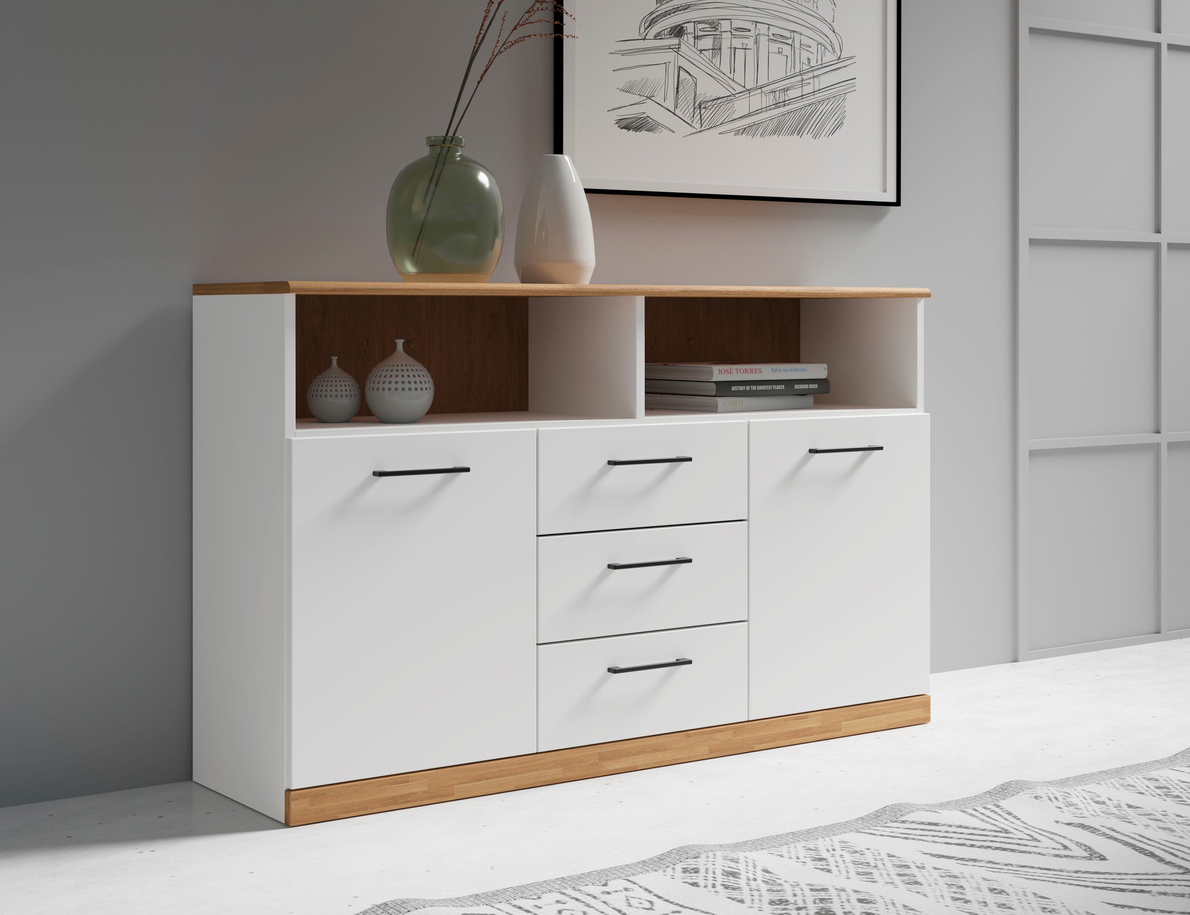 Home affaire Sideboard "Ribe,130cm breit,80cm hoch,Oberplatte Holz massiv,6 günstig online kaufen