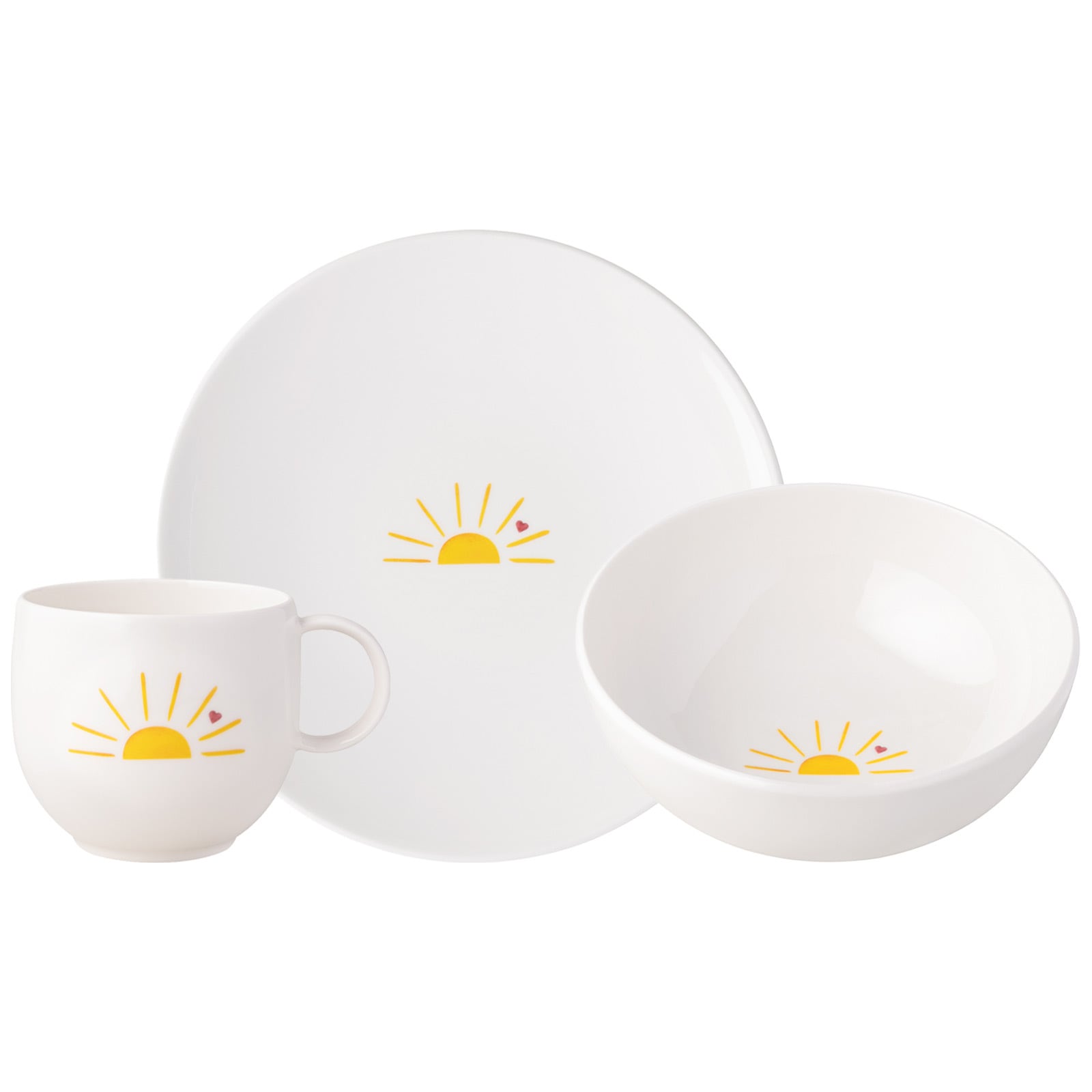 Villeroy & Boch Geschirr-Set "Frühstücksset Hello Sunshine With Love 3er Set weiß-gelb" Spülmaschinengeeignet, Mikrowellengeeignet