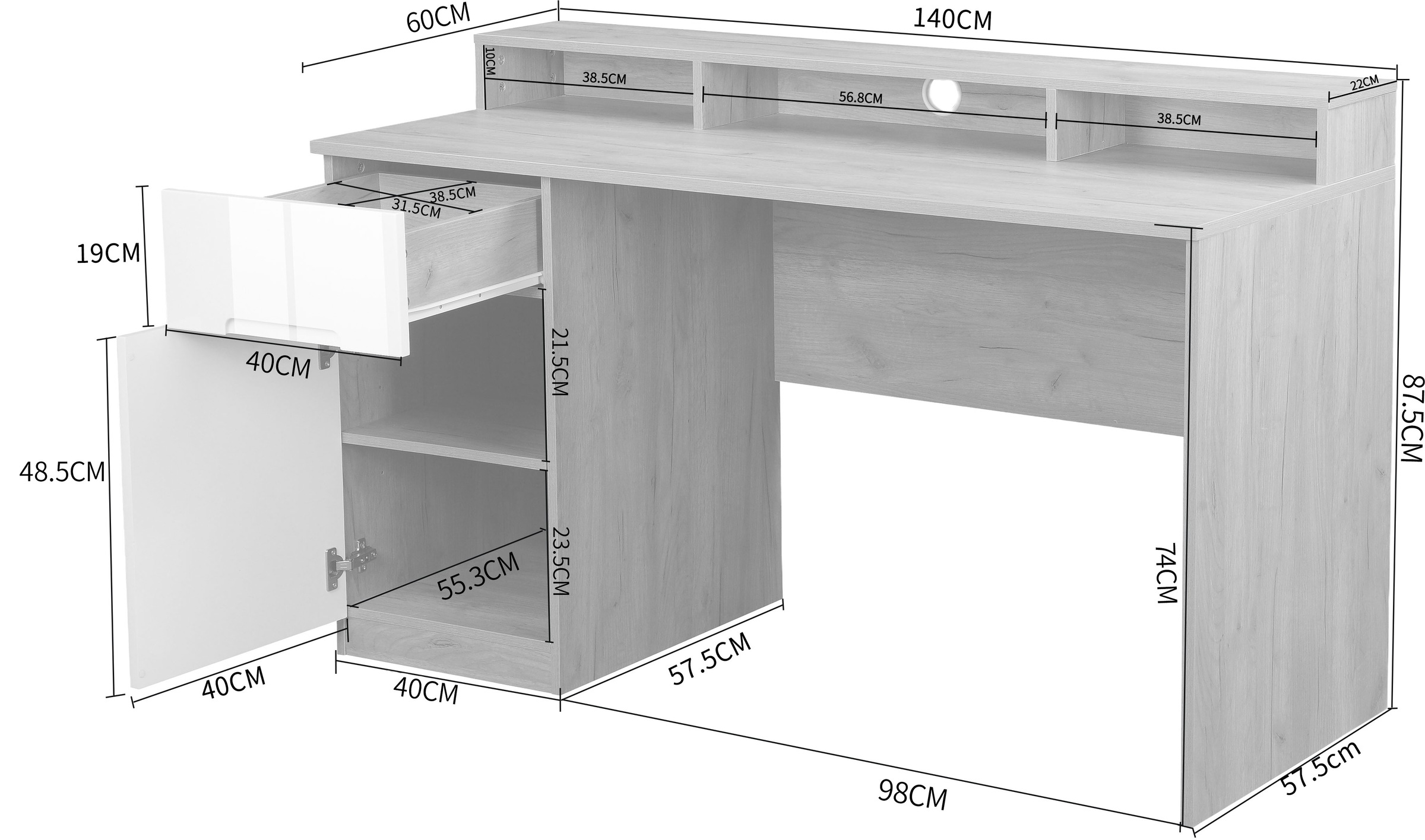 andas Schreibtisch »Lund«, (Computertisch mit Kabeldurchlass & Schublade), Monitoraufsatz, Hochglanzfronten, Breite 140 cm