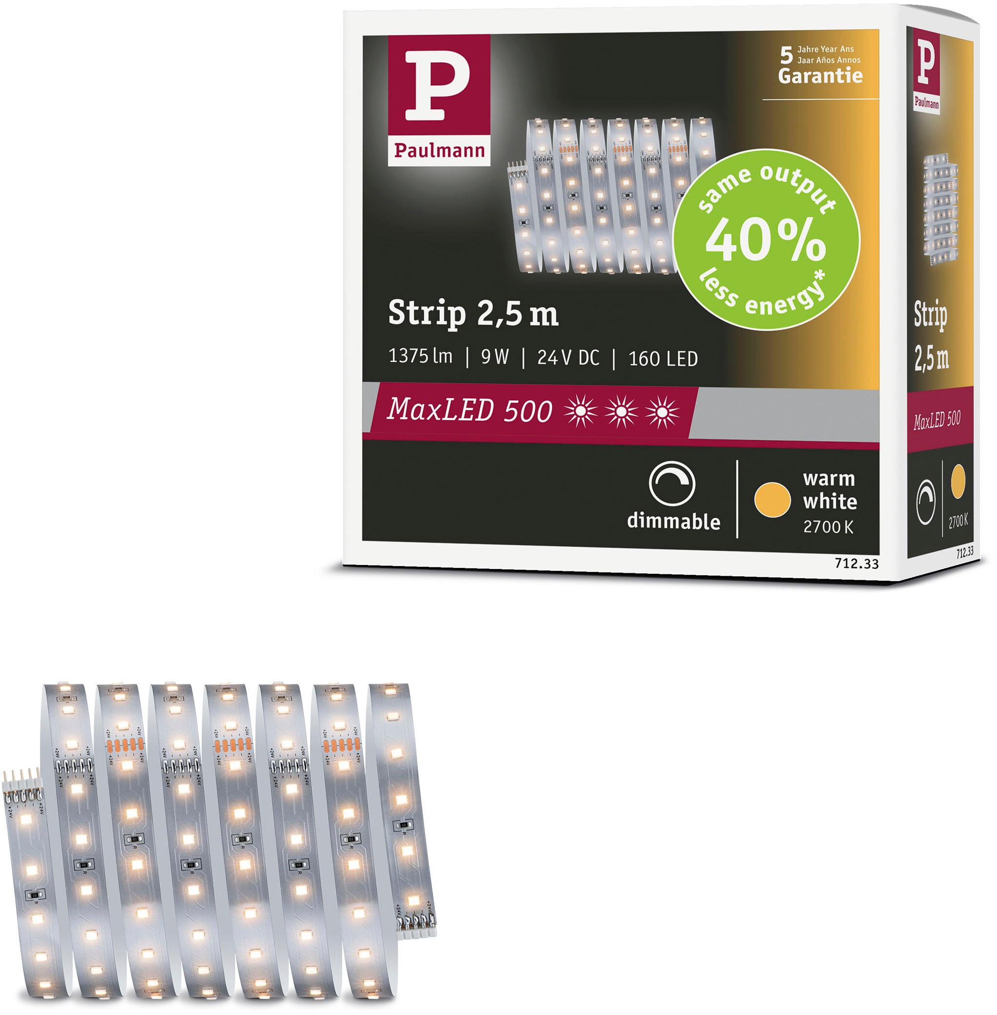 PAULMANN LED-Streifen "MaxLED 500 LED Strip Warmweiß Einzelstripe", Dioden 160 Stk., Gesamtlänge 2,5m, silber, Küche, Lichterketten