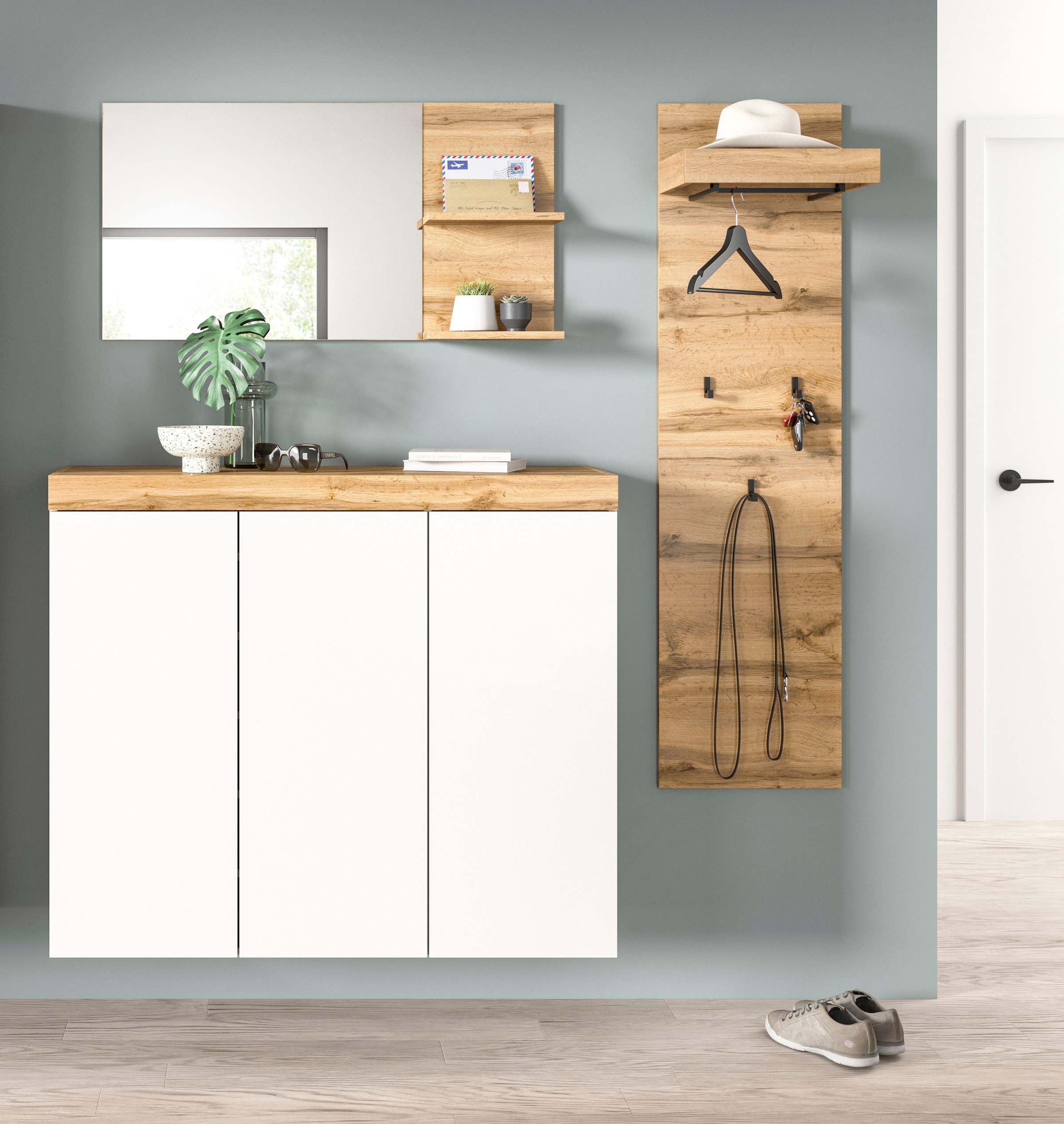 OTTO home Garderoben-Set »MAMBO, TOPSELLER!, 3-teilige Kombination, stehend & hängend montierbar« bestehend aus: Kommode, Spiegel, Garderobenpaneel, 3 Stk. tlg.
