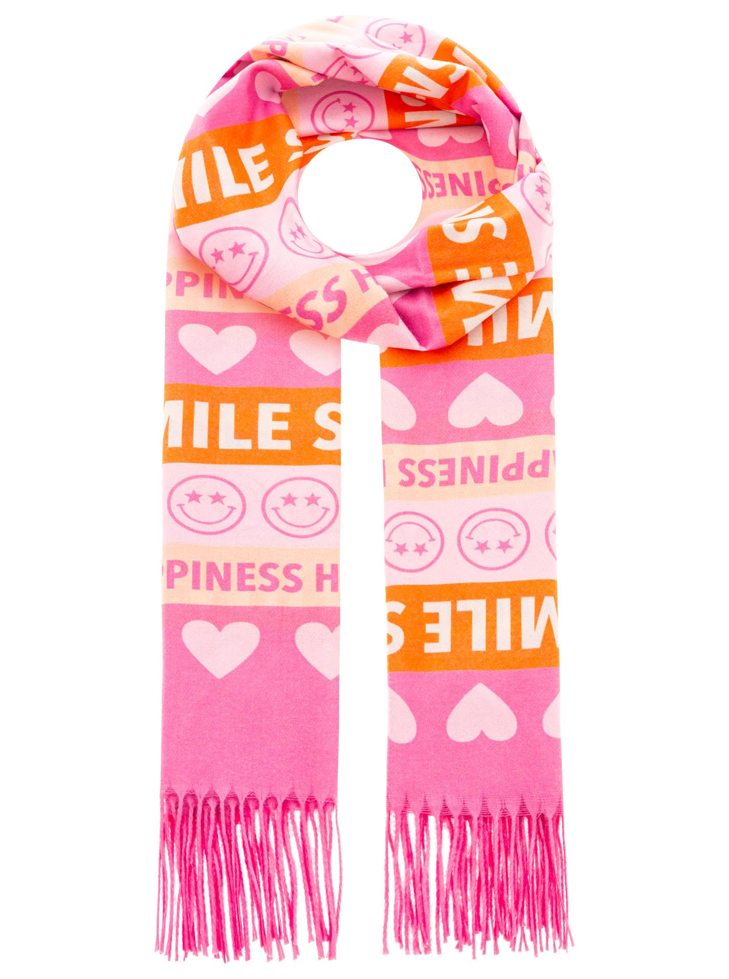 Zwillingsherz Schal ""Smile and Hearts"" mit Fransen, fröhlichem Schriftzug günstig online kaufen