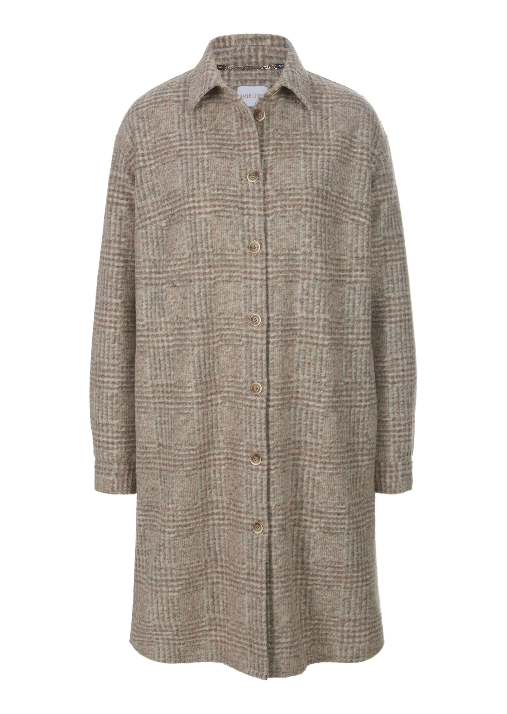 MADELEINE Damen Outdoorjacke "Hemdjacke Lange Hemdjacke mit Glencheck-Karo", beige, Modern, Gr. 44, Obermaterial: 68% Polyester PES. 32% Wolle WO.,