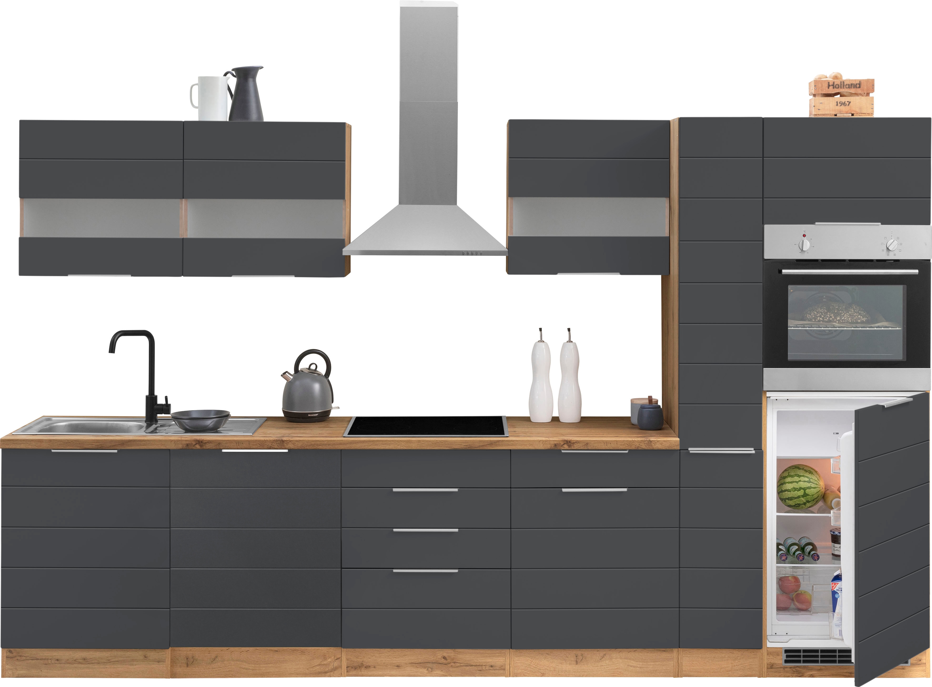 KOCHSTATION "KS-Luhe" 330 cm breit, wahlweise mit oder ohne E-Geräten, gefräste MDF-Fronten