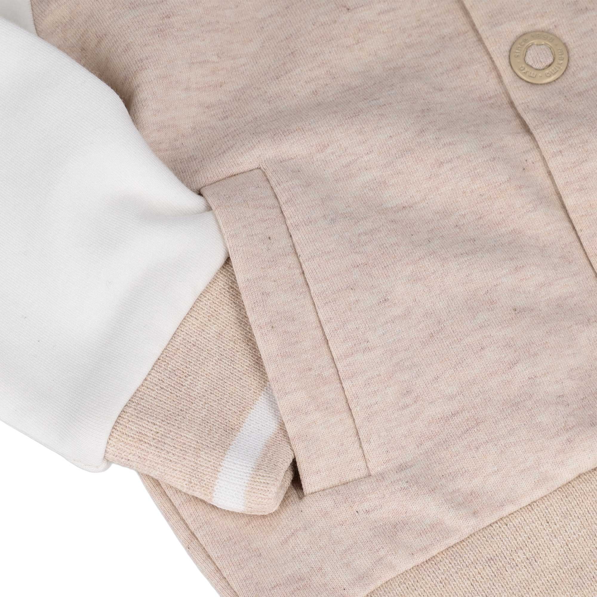 MAXIMO Sweatjacke 1 College Style, beigemeliert, weiße Ärmel, „hello“-Stickerei