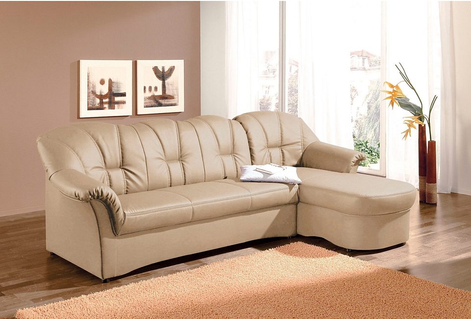 DOMO collection Ecksofa "Papenburg, zeitlose Rückensteppung, elegante Formensprache, L-Form" in großer Farbvielfalt, wahlweise mit Bettfunktion