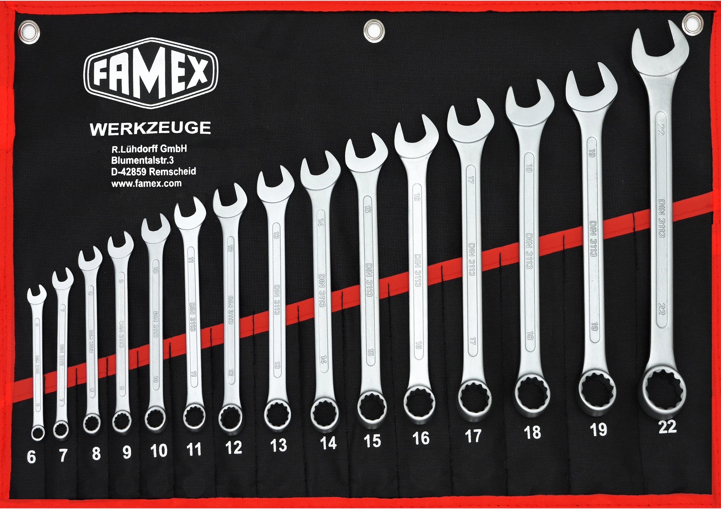 FAMEX Gabel- und Ringschlüssel "10349-15", (Set, 15 St.), in Rolltasche, über Nickel verchromt, geschmiedet, gehärtet