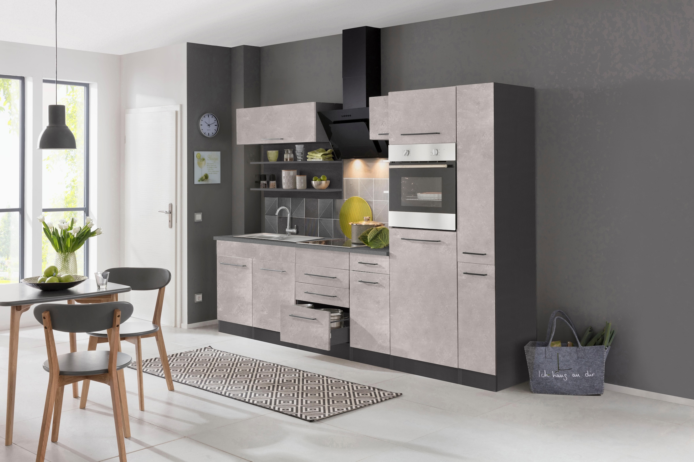 KOCHSTATION Küchenzeile »KS-Tulsa«, ohne E-Geräte, Breite 300 cm, schwarze Metallgriffe, MDF Fronten
