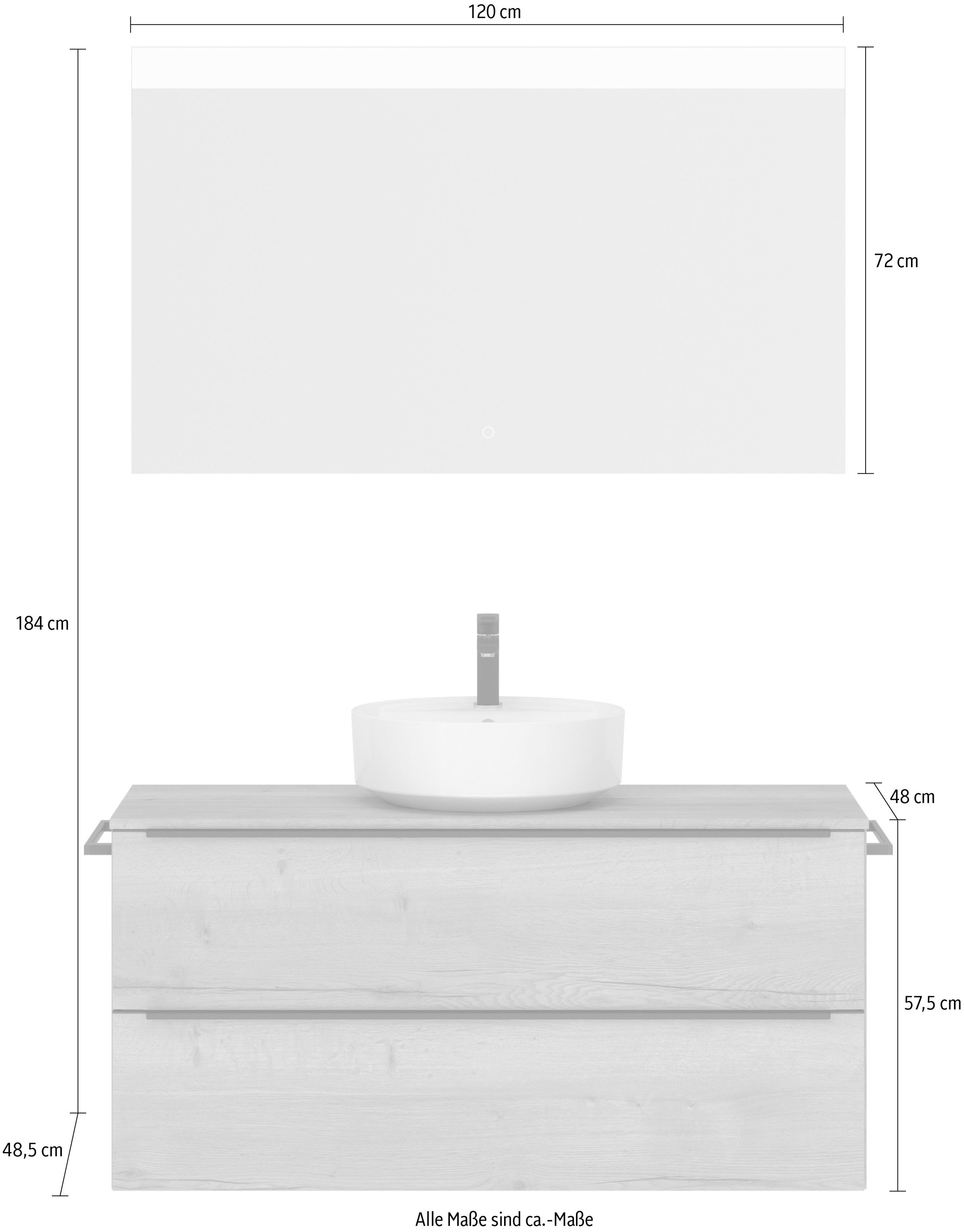 nobilia® Badmöbel-Set »Alvene«, (2 St., vormontiert, mit Soft-Close), Hochglanz, inkl. Spiegel mit Touch-Sensor, in vier Breiten