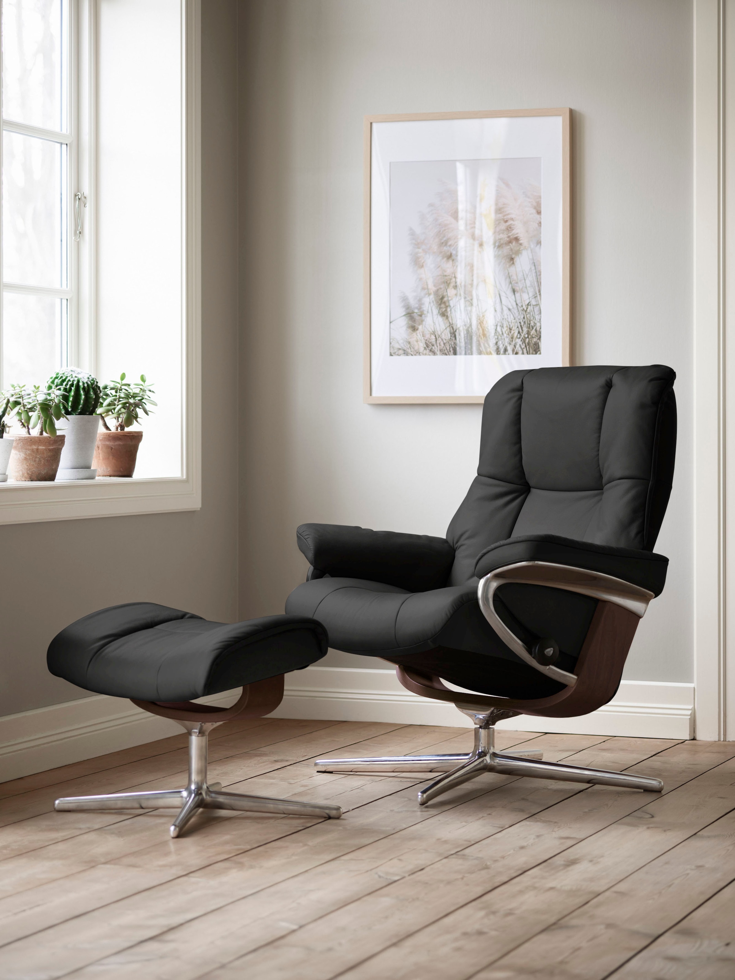 Stressless Relaxsessel "Mayfair" Set, Relaxsessel mit Hocker, mit Hocker, mit Cross Base, Größe S, M & L, Holzakzent Braun