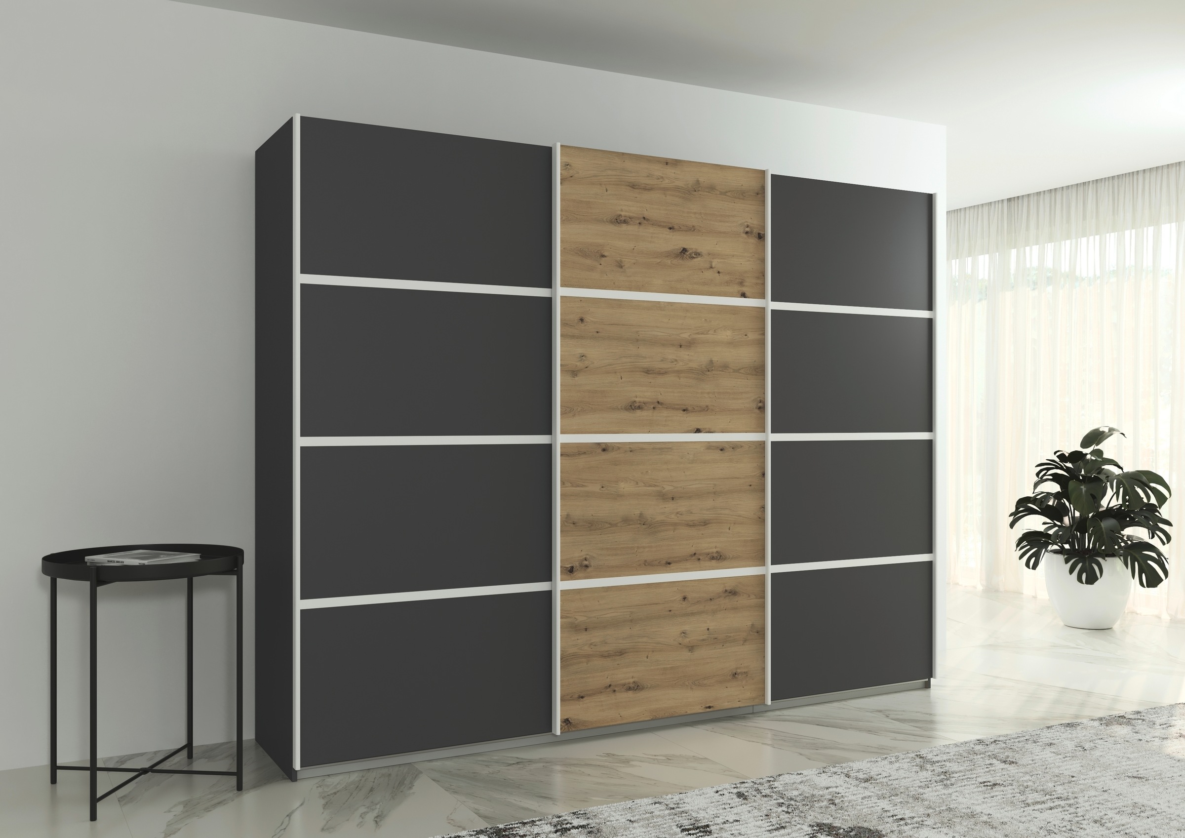 rauch Kleiderschrank »Schwebetürenschrank OTTO´s Choice Garderobe Schrank TOP ANGEBOT Avola«, (in 3 verschiedenen Ausstattungen BASIC/CLASSIC/PREMIUM), mit eleganten Zierleisten in Chrom, Schwarz oder Weiß MADE IN GERMANY
