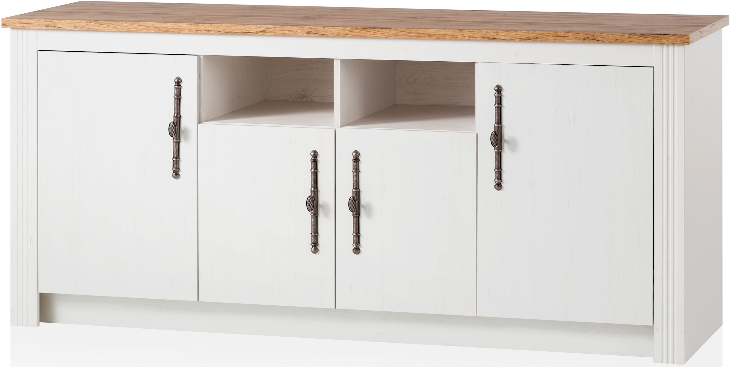 KOCHSTATION Küchenzeile »KS-Westminster, Pantryküche im Landhaus Stil, hochwertige Metallgriffe«, (Set), Breite 268 cm, Sideboard, Wandpaneel, Hängeschrank und Herdumbau
