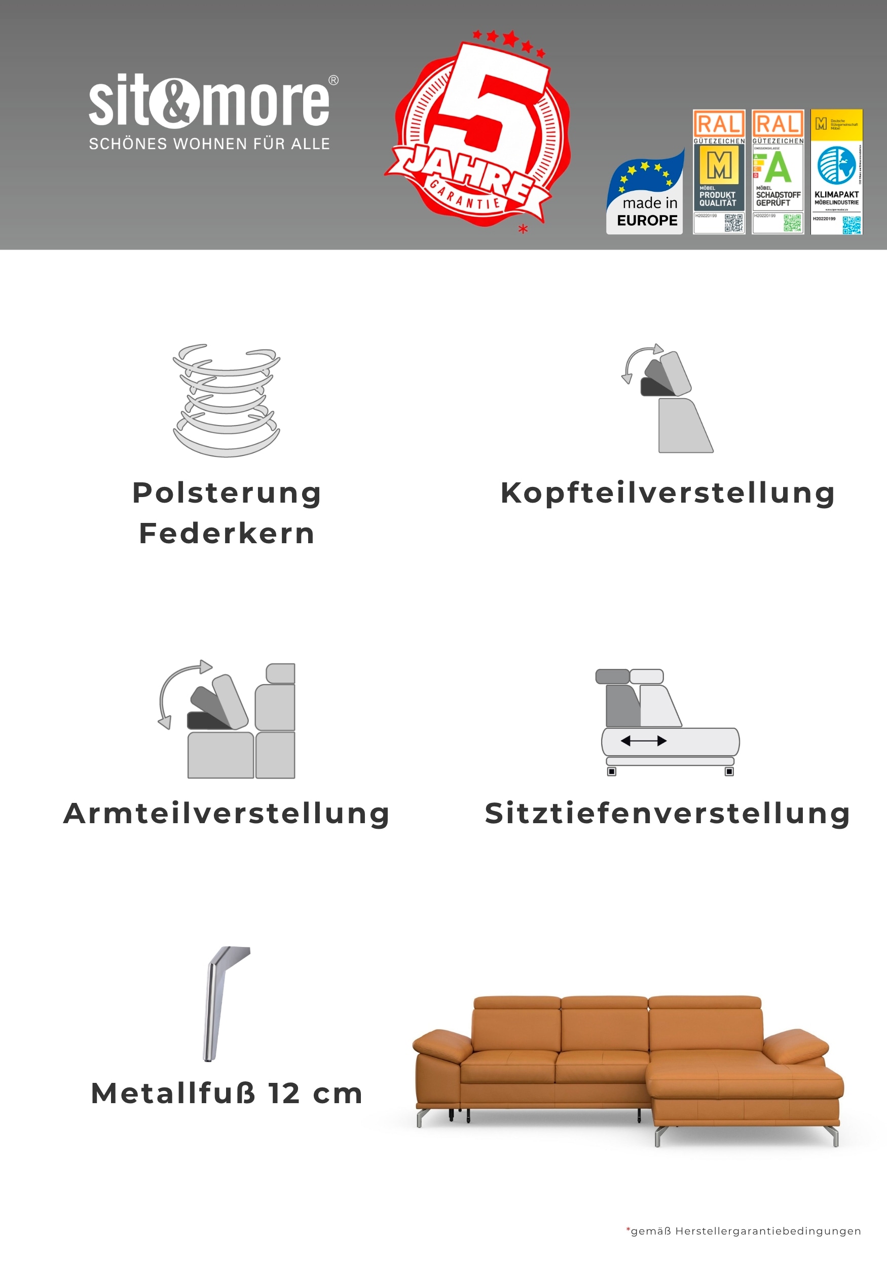 sit&more Ecksofa »Cabrio L-Form, B: 295 cm, mit Sitztiefen-, Arm- & Kopfteilverstellung« Leder, 2 Nierenkissen, Federkern, optional Schlaffunktion und Stauraum