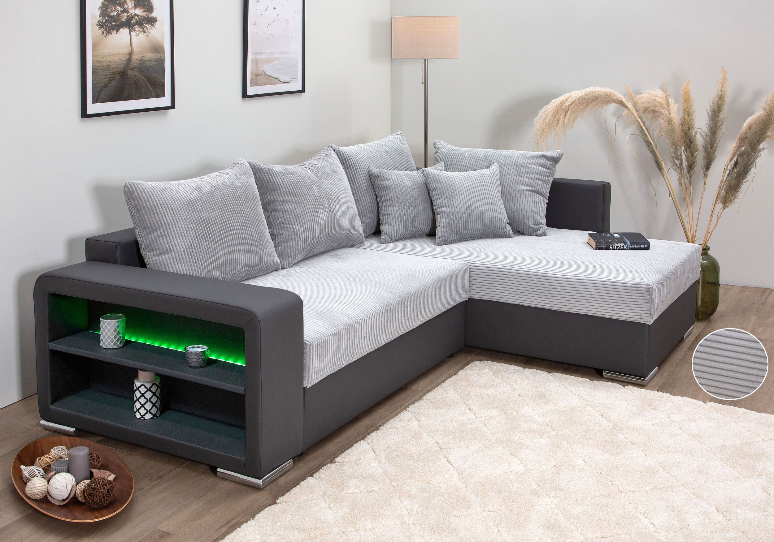 COLLECTION AB "John L-Form, B: 226 cm, Schlaffunktion & Bettkasten" Regalelement mit Licht, Couch mit Federkern, 2 Zierkissen