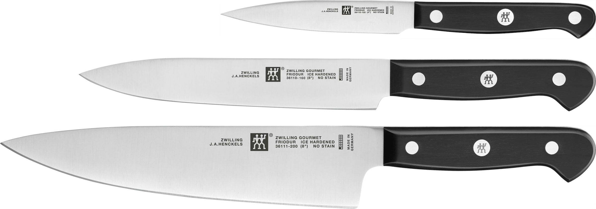 Zwilling Messer-Set »Gourmet«, (Set, 3 tlg., 1 Spickmesser 10 cm, 1 Fleischmesser 16 cm & 1 Kochmesser 20 cm), Made in Germany, FRIODUR eisgehärtete Klingen, Sonderschmelze