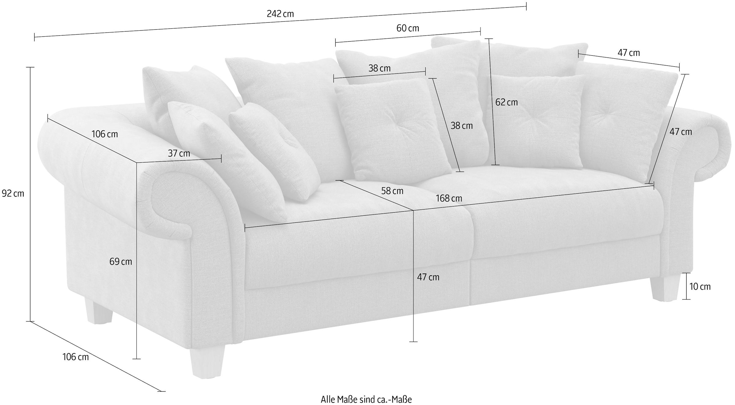 Home affaire Big-Sofa »Queenie Megasofa«, (2 St.), mit weichem Sitzkomfort und zeitlosem Design, viele kuschelige Kissen