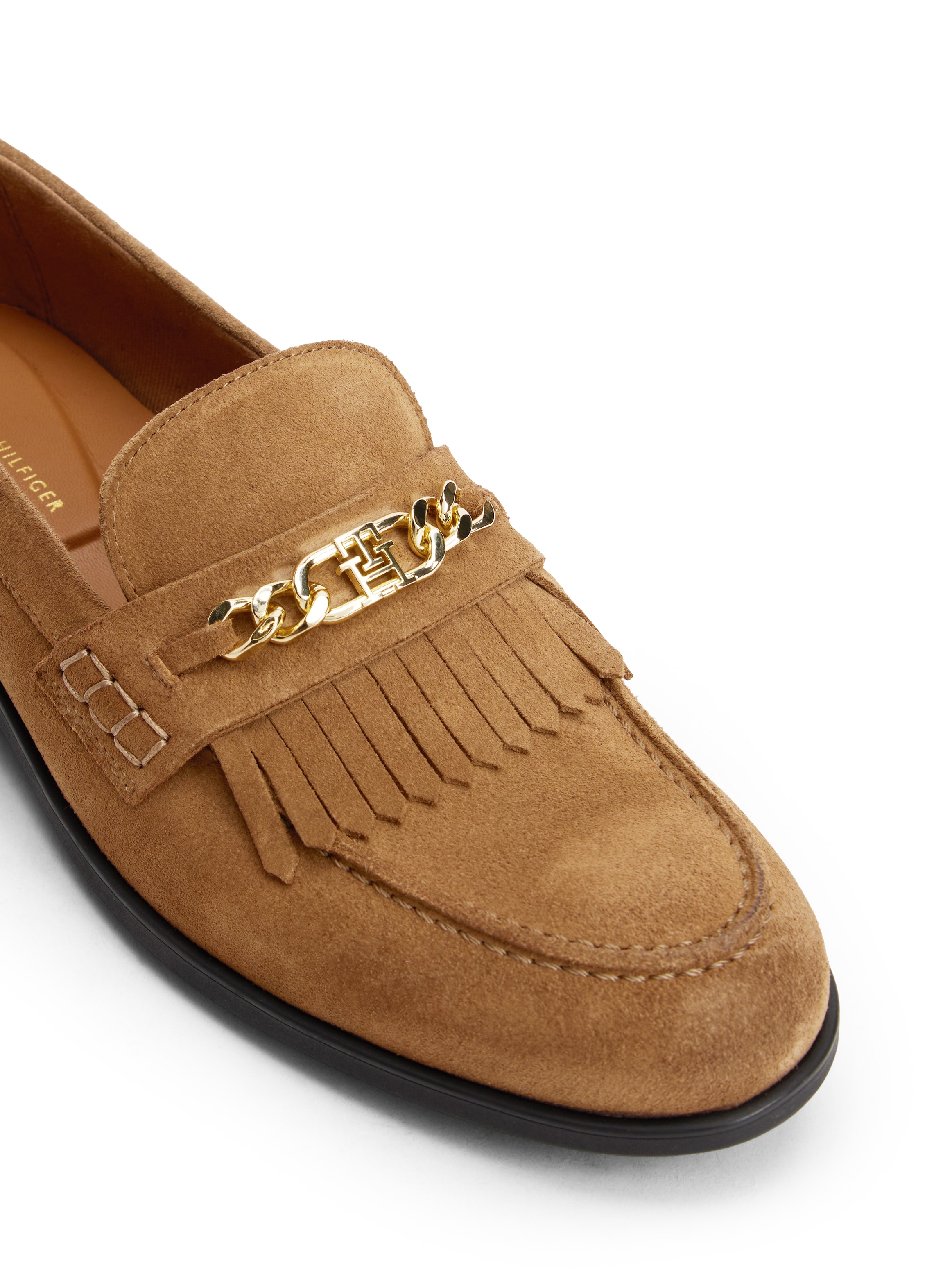 Tommy Hilfiger Loafer »TH CHAIN FRINGE SUEDE LOAFER«, Blockabsatz, Slipper, Businessschuh mit goldfarbener Logo-Zierkette