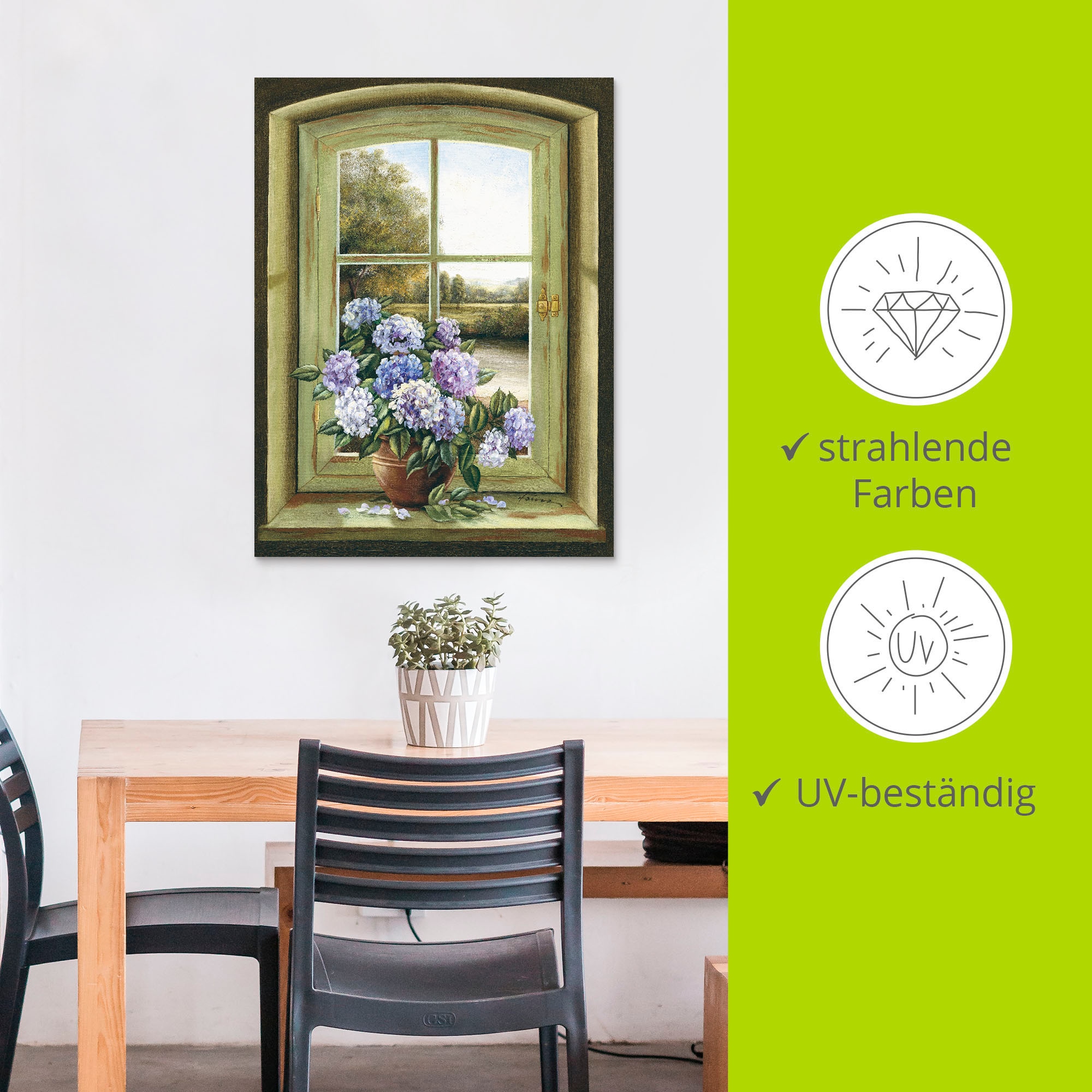 Artland Wandbild »Hortensien am Fenster«, Arrangements, (1 St.), als Alubild, Outdoorbild, Leinwandbild, Poster, Wandaufkleber