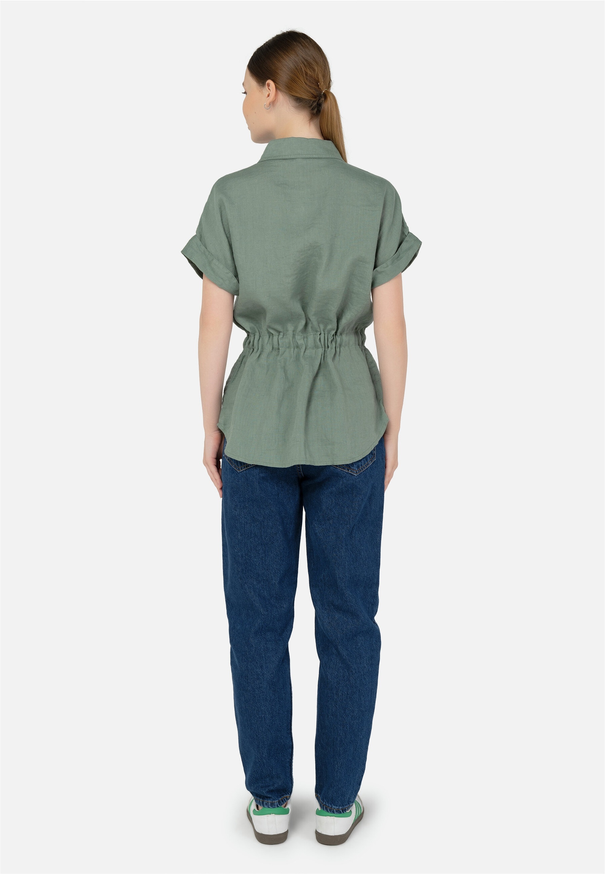 Klassische Bluse FRESHLIONS "Zoey", Damen, Gr. M, grün, 100% Leinen, unifarben, normal, Blusen, mit Bindeband in der Taille 3