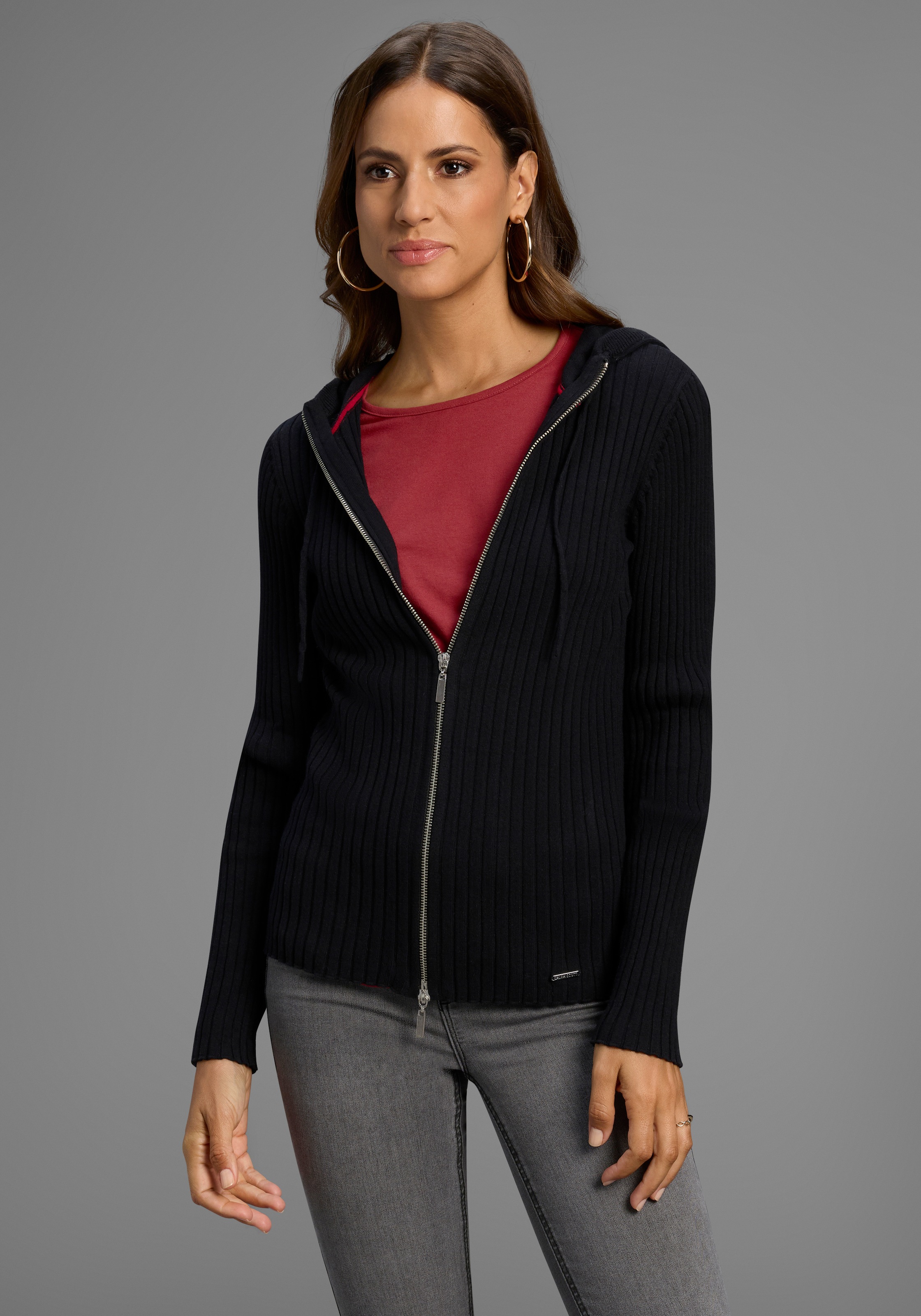 Laura Scott Kapuzenstrickjacke mit 2-Wege-Reißverschluss aus Rippe - NEUE K günstig online kaufen