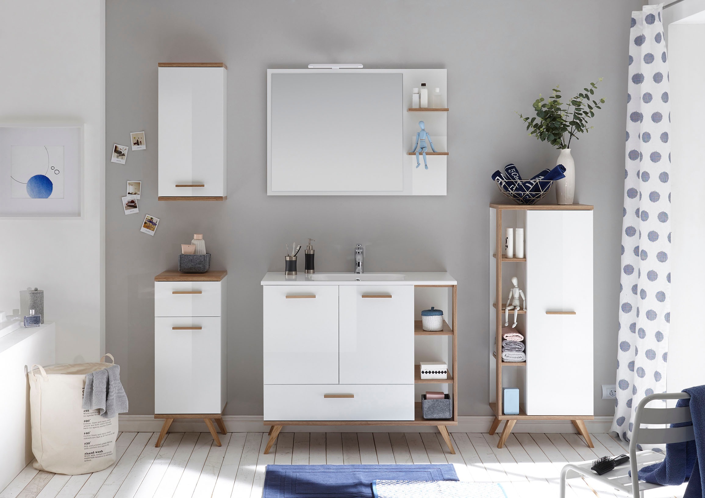 Saphir Unterschrank »Quickset 923 Badschrank mit 1 Schublade, 1 Tür, 35,5 cm, Weiß Glanz«, Badezimmer-Unterschrank inkl. Türdämpfer, mit Holzgriffen
