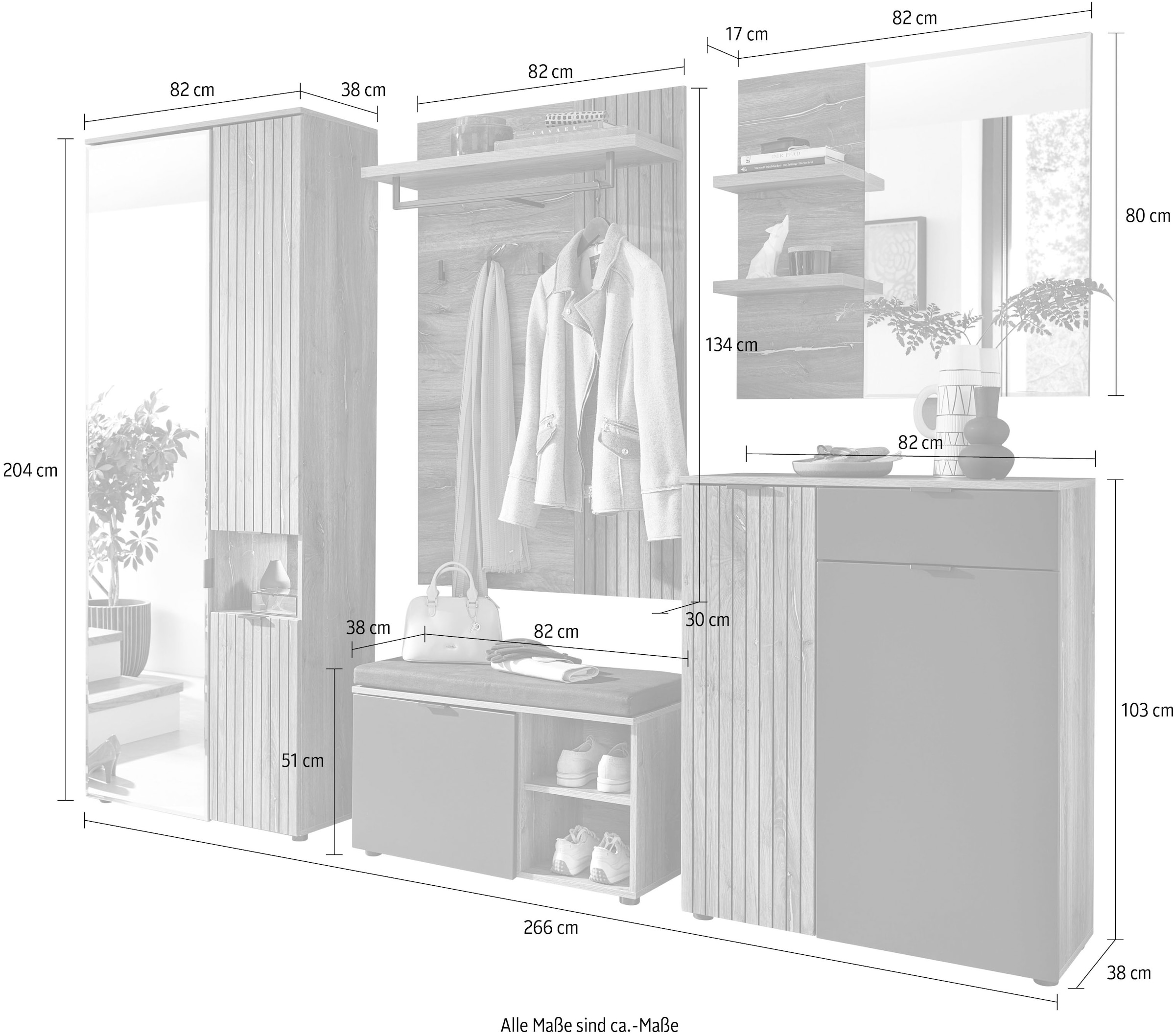 Innostyle Garderobenschrank »LINEA Garderoben Set,besteht aus 5 Typen, 266x204x38cm (B/H/T)«, (5 St.), Spiegeltür, 2 Holztüren,Led-Beleuchtung, Soft-Close,ABS-Schutzkanten
