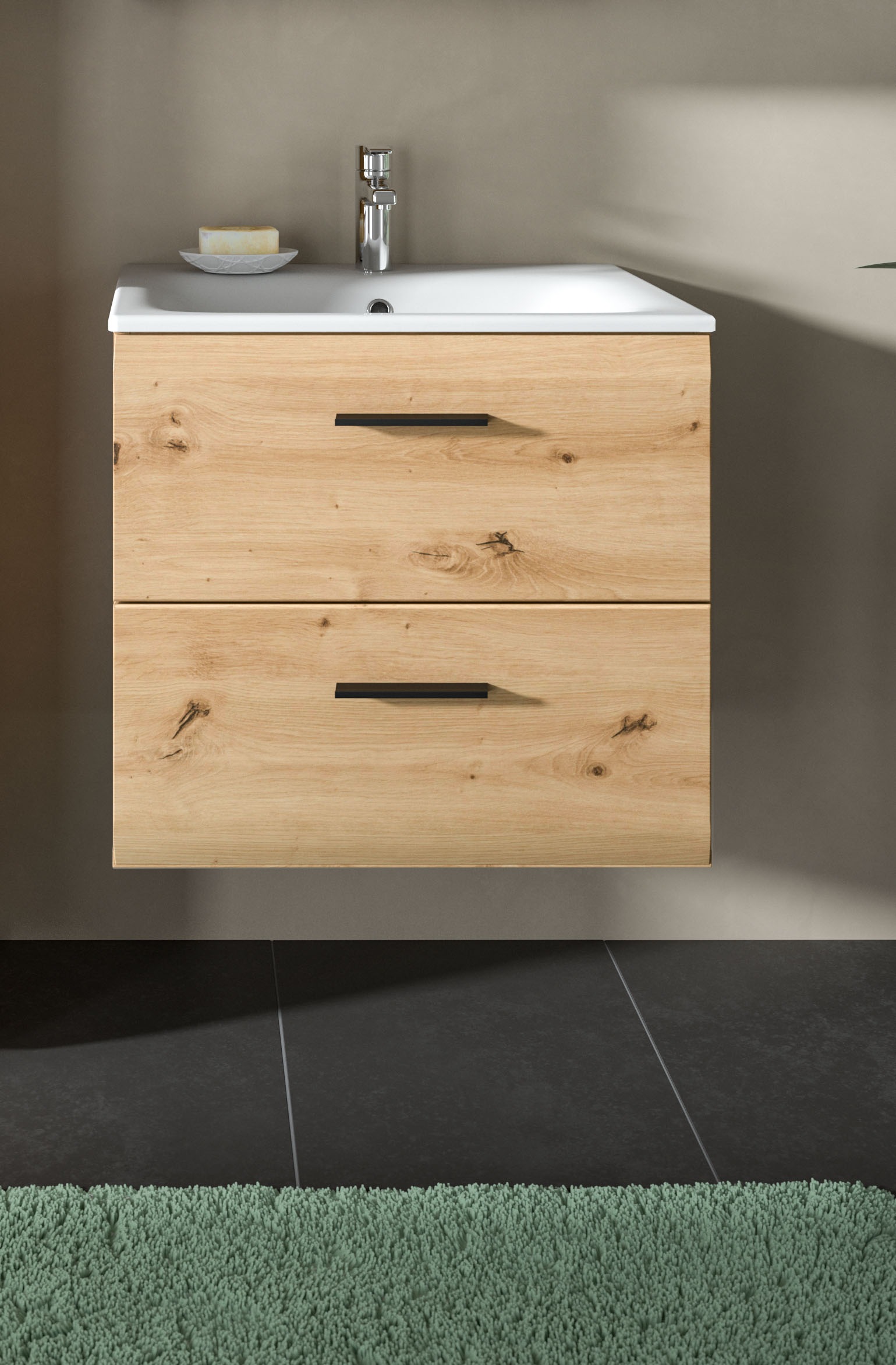 welltime Waschbeckenunterschrank "FLORENZ, Breite 60 cm, inkl. Waschbecken, hängende Montage" TOPSELLER, 2 Stk. tlg. hochwertige MDF Front, Griff schwarz, Badschrank, Bad