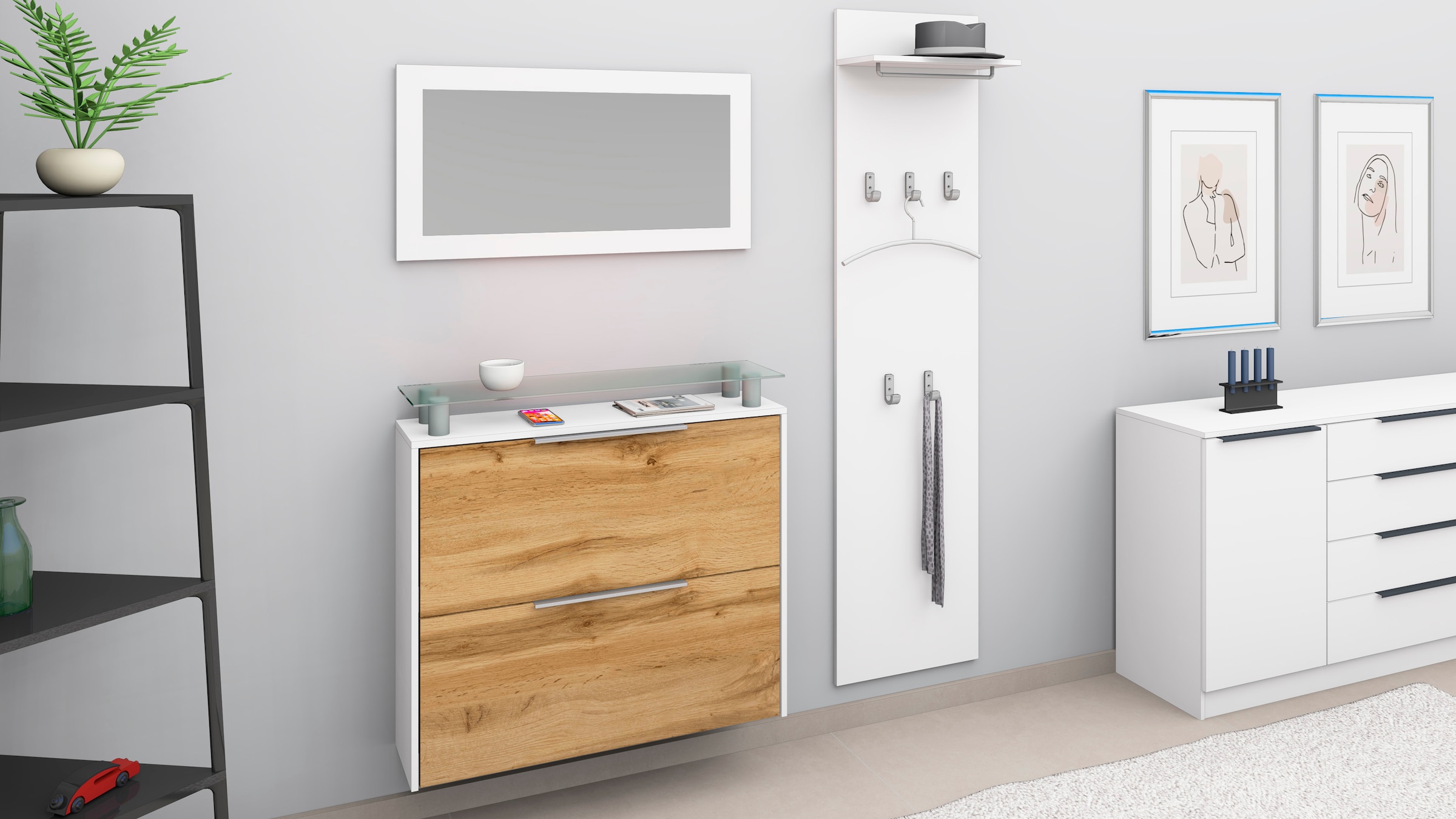 Garderoben-Set BORCHARDT MÖBEL, weiß, Flur, Kastenmöbel-Sets, "Rena 2, (3-tlg.)", mit Glasablage