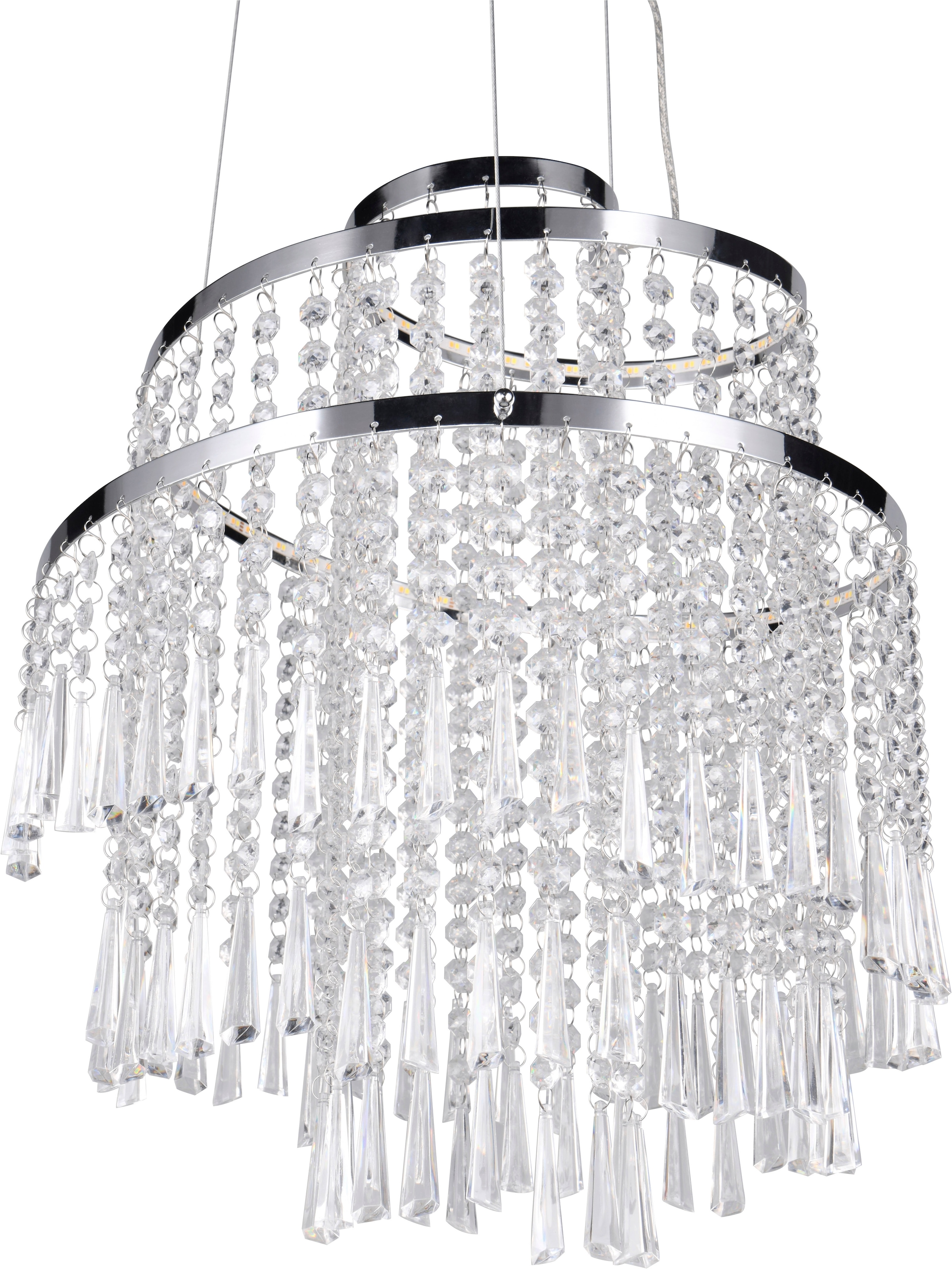 REALITY Leuchten LED Pendelleuchte »POMP, Kronleuchter chromfarbig mit Acryl Behang Ø 38cm Höhe 150 cm« LED-Board 1 Stk. Farbwechsler | warmweiß - kaltweiß LED Hängelampe 30W 4300 Lumen CCT 2700-6500K dimmbar mit Fernbedienung