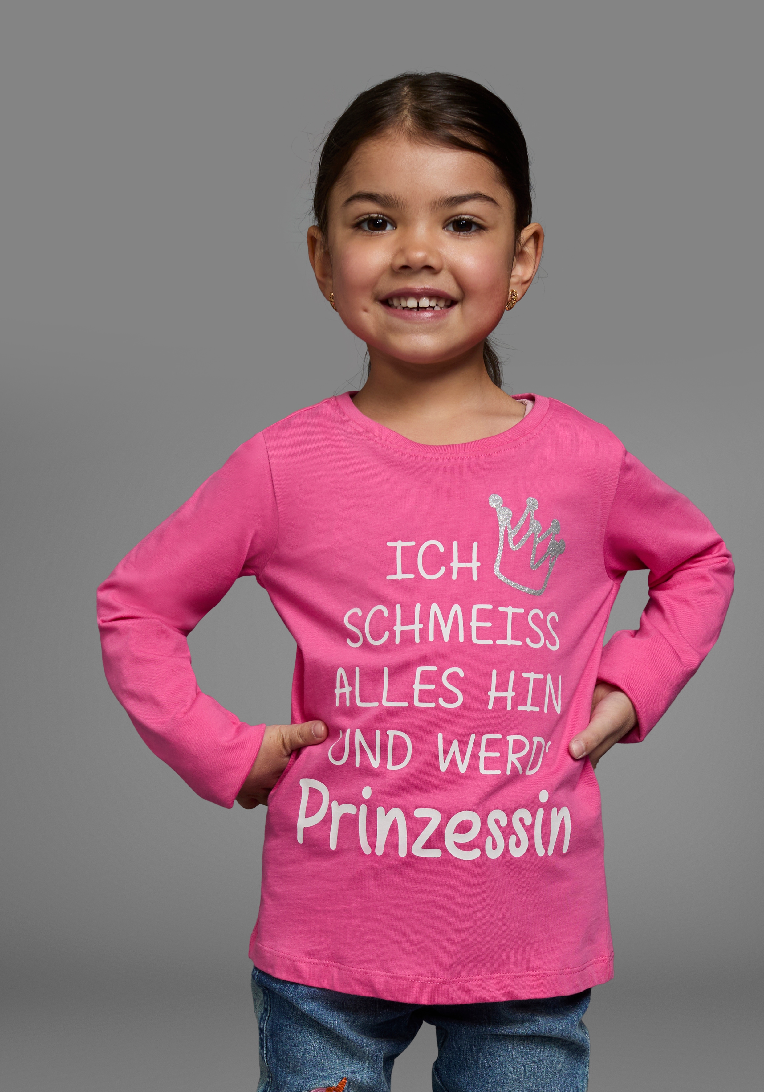 KIDSWORLD Langarmshirt "Ich schmeiss alles hin und werd´ Prinzessin" Sprücheshirt, langärmlig, Basic-Passform, mit Glitzerdruck