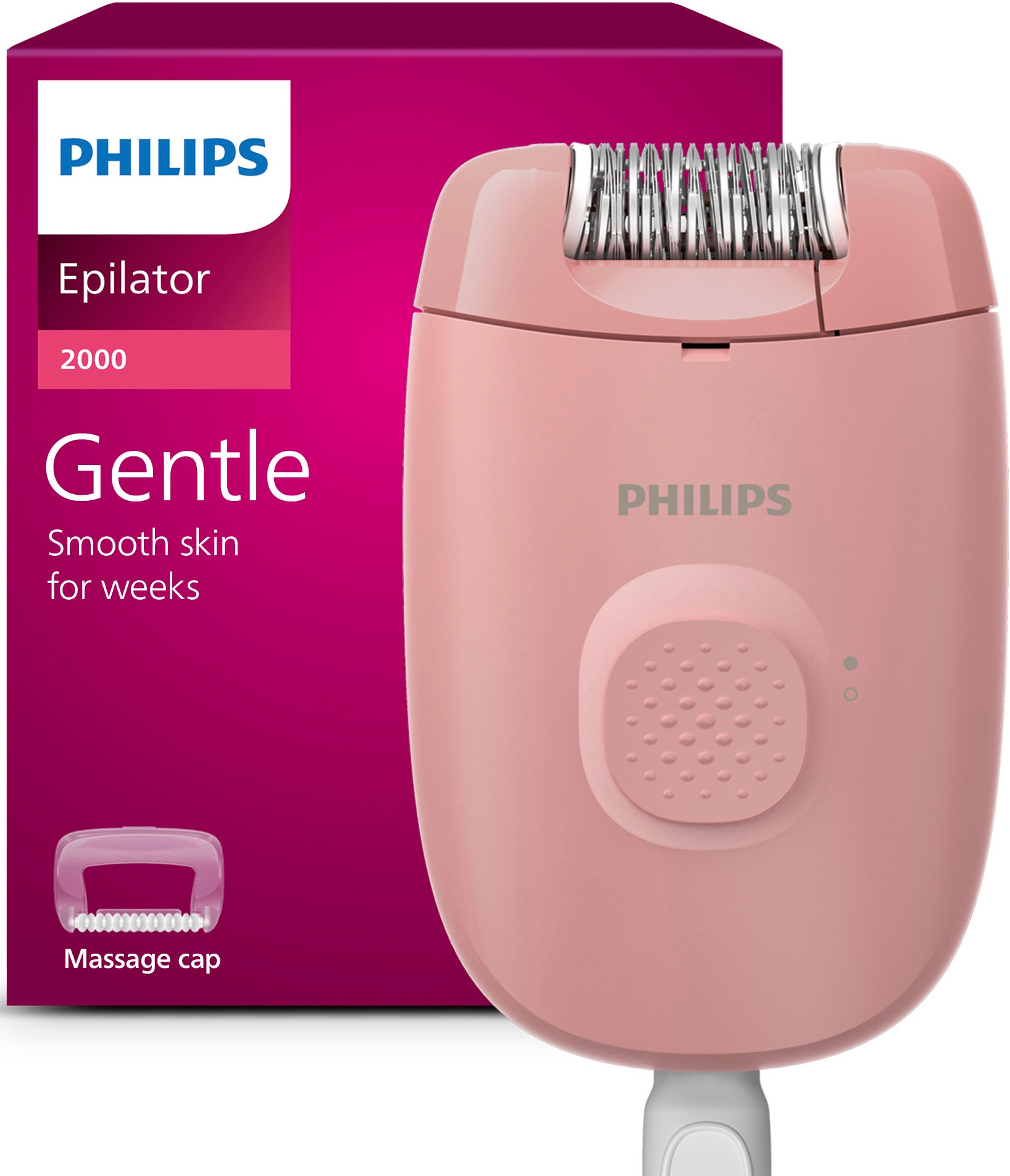 PHILIPS Damen Epilierer "Series 2000"rosa, B:4cm H:14,5cm T:11cm, Epilierer, kompakter Epilierer mit Kabel und Massageaufsatz