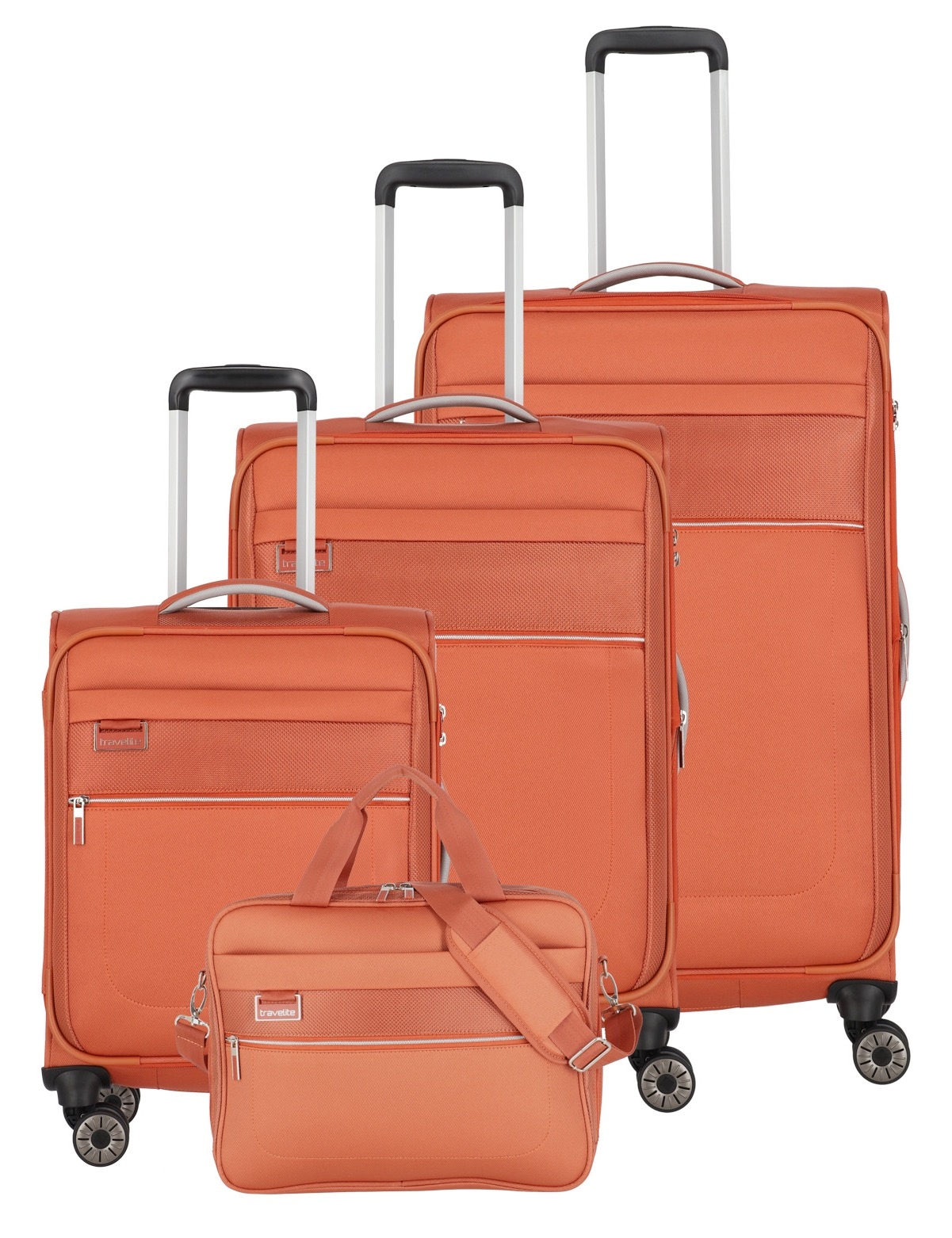 travelite Trolleyset »MIIGO S/M/L + Bordtasche«, (Set, 4 tlg.), Weichgepäck-Koffer Set Handgepäck Aufgabegepäck Volumenerweiterung