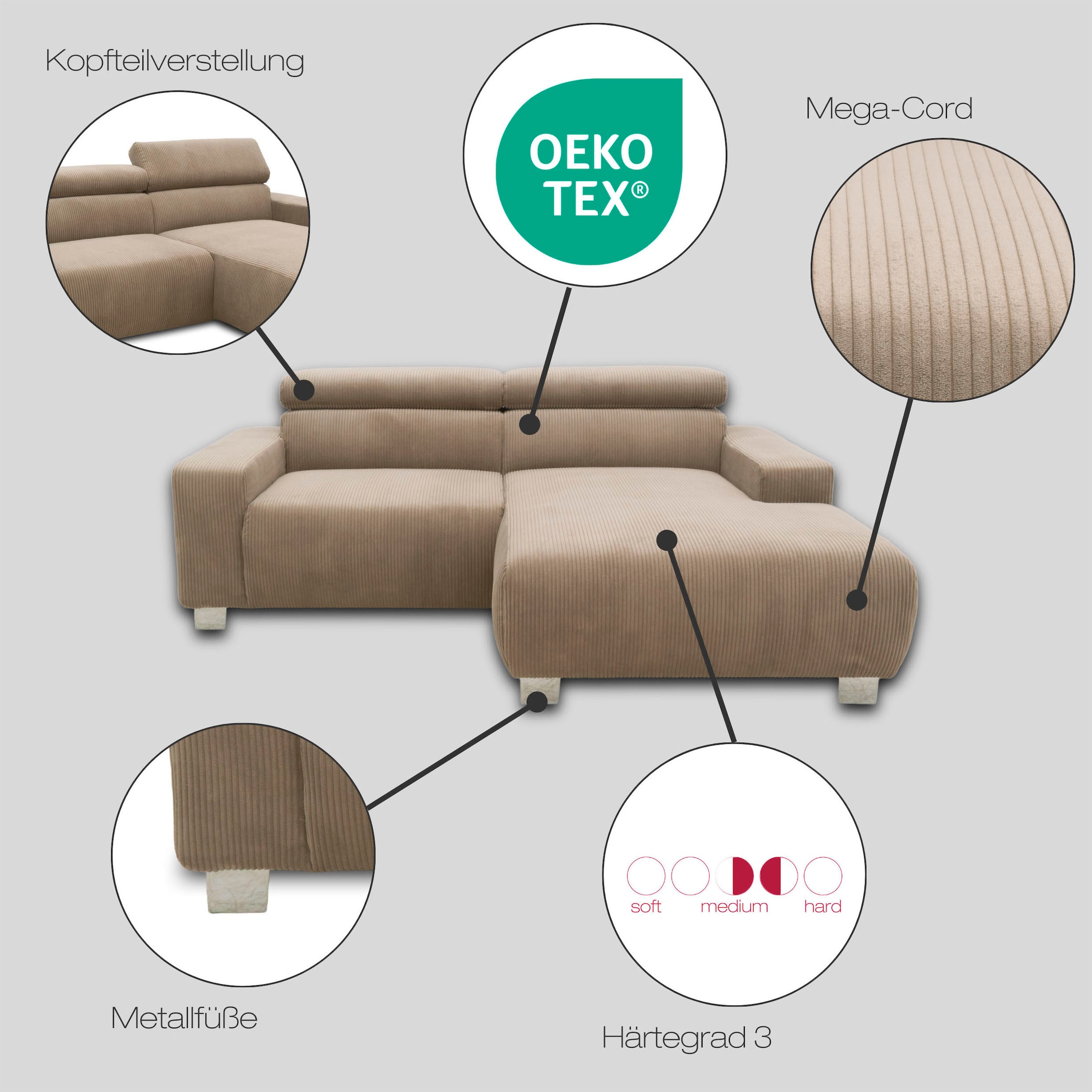 DOMO collection Ecksofa »100030 inkl. Kopfteilverstellung, guter Sitzkomfort, Cordbezug, L-Form«, mit komfortabler Wellenunterfederung, ideal für kleine Räume