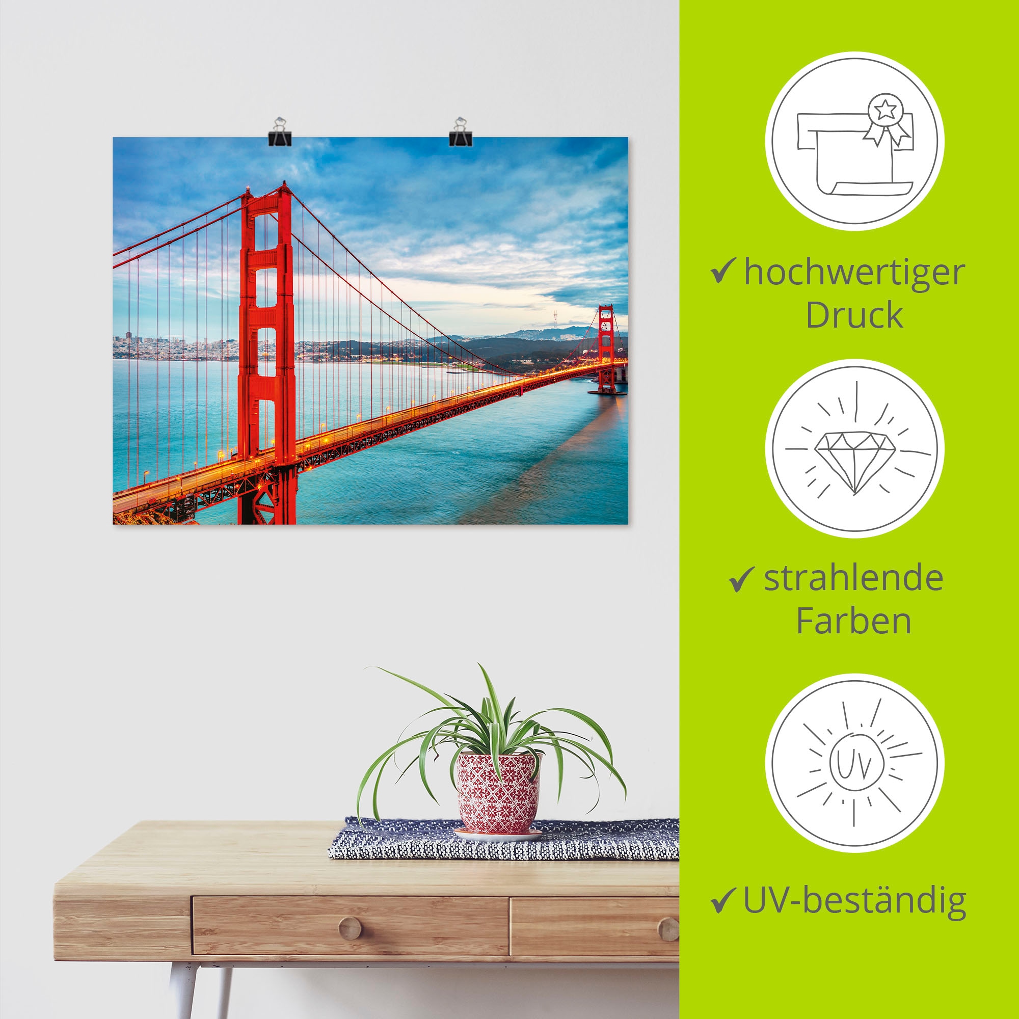 Artland Wandbild »Golden Gate Bridge«, Brücken, (1 St.), als Alubild, Outdoorbild, Leinwandbild, Poster, Wandaufkleber