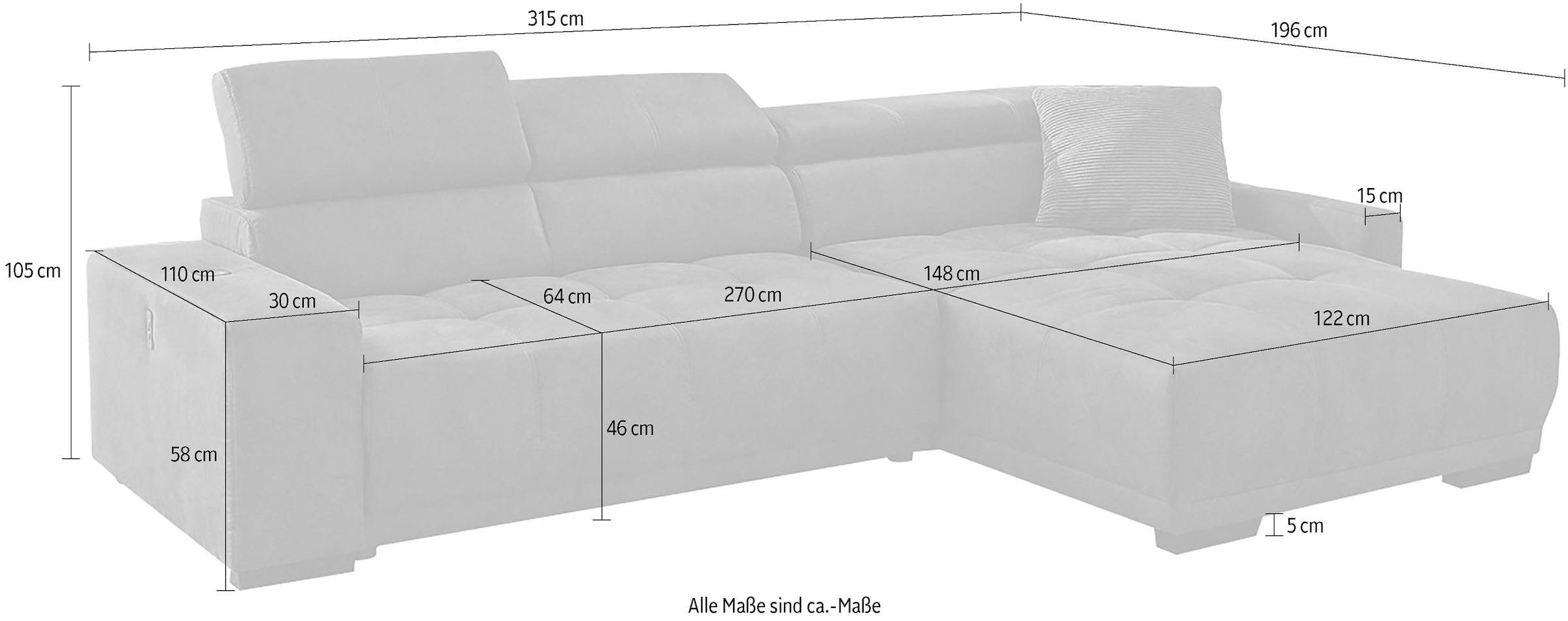 Jockenhöfer Gruppe Ecksofa »Le Mans L-Form mit elektromotorischer Sitztiefenverstellung (30 cm)«, und induktiver Lademöglichkeit + USB A und C, verstellbare Kopfstützen
