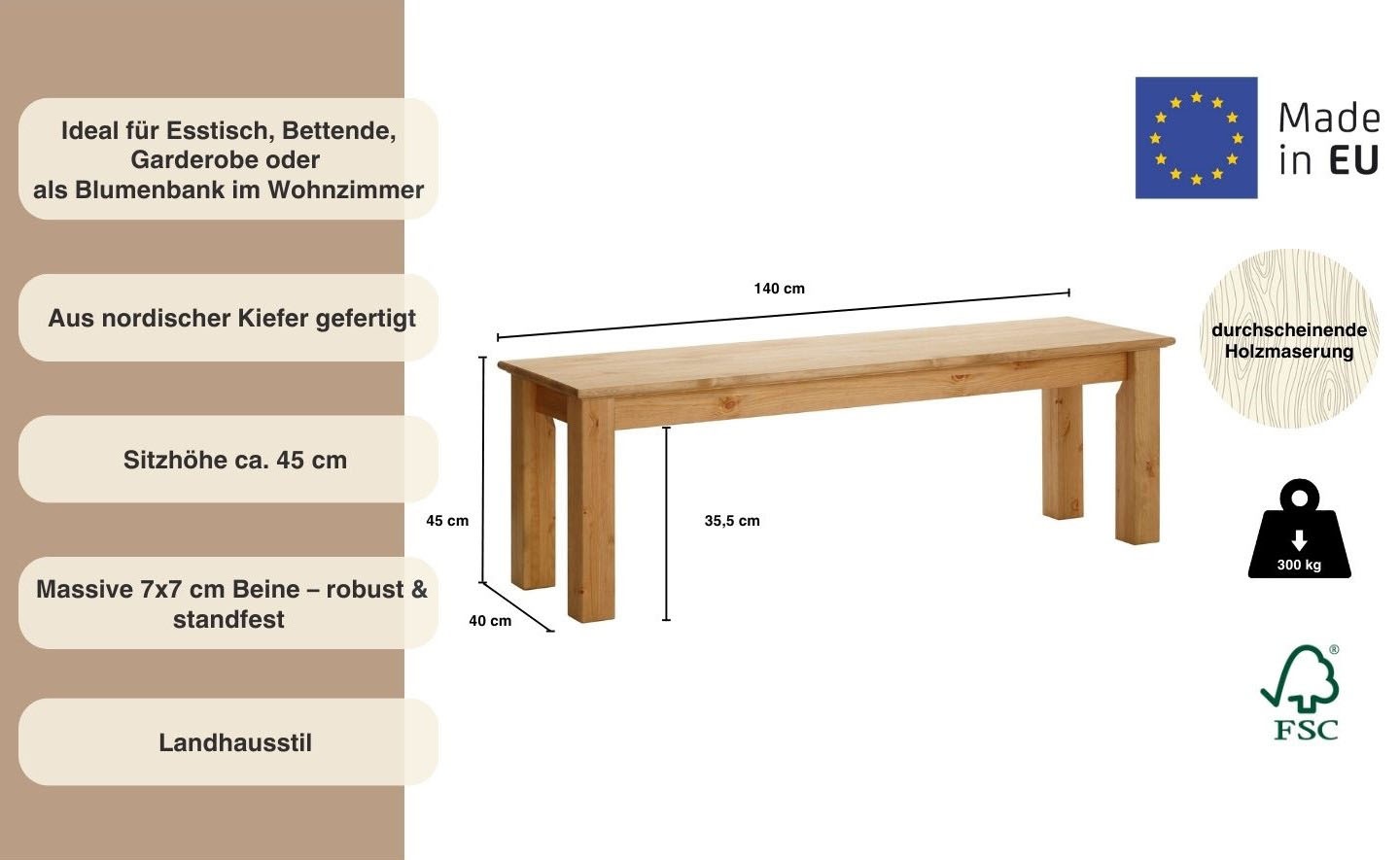 Home affaire Sitzbank Breite 120 cm, aus massiver, FSC-zertifizierter Kiefe günstig online kaufen