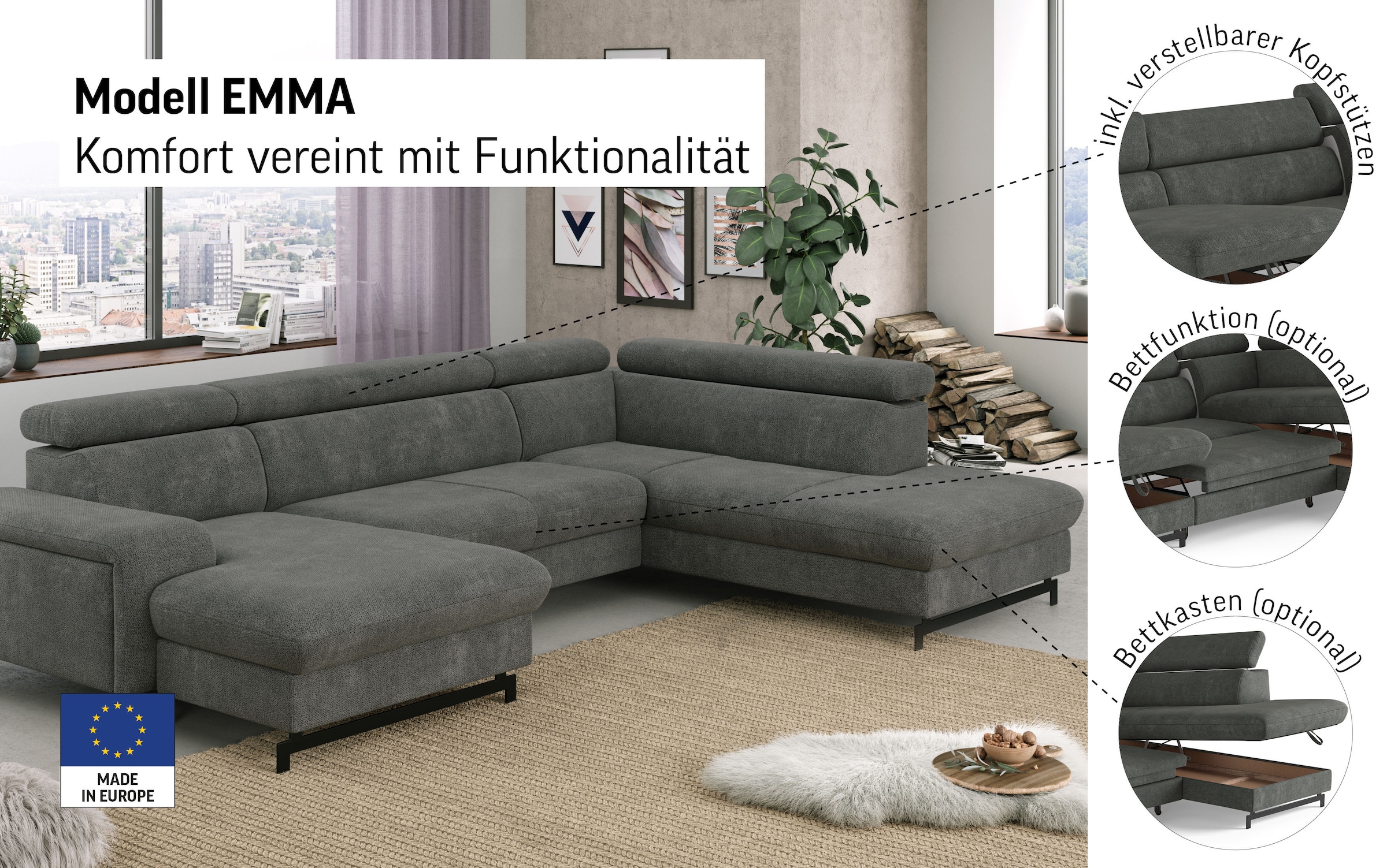 COTTA Wohnlandschaft »Emma U-Form«, Verstellbare Kopfstützen, optional mit Schlaffunktion und Bettkasten
