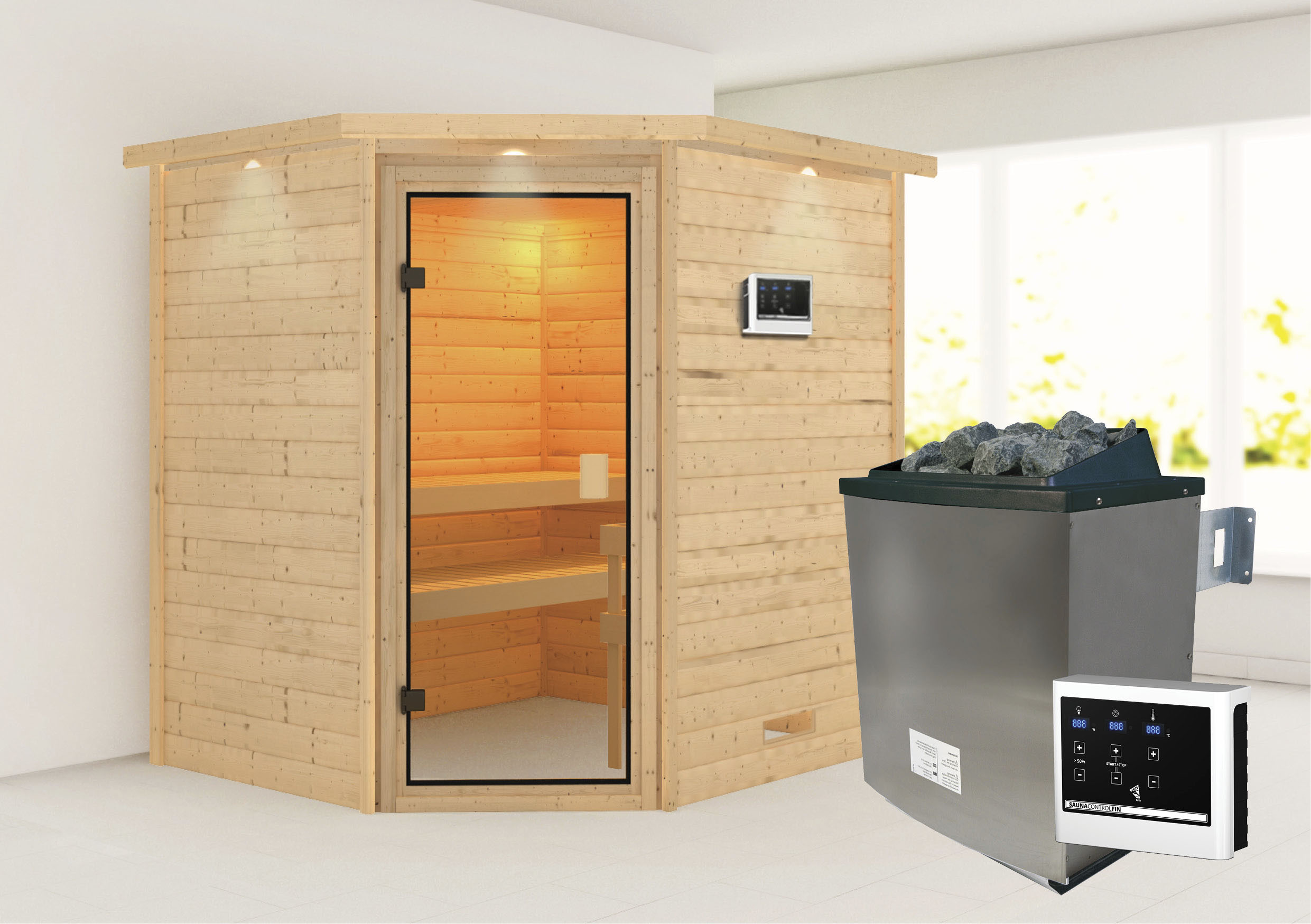 Karibu Sauna "Mia (Fronteinstieg)" Ofen 9 KW externe Strg easy