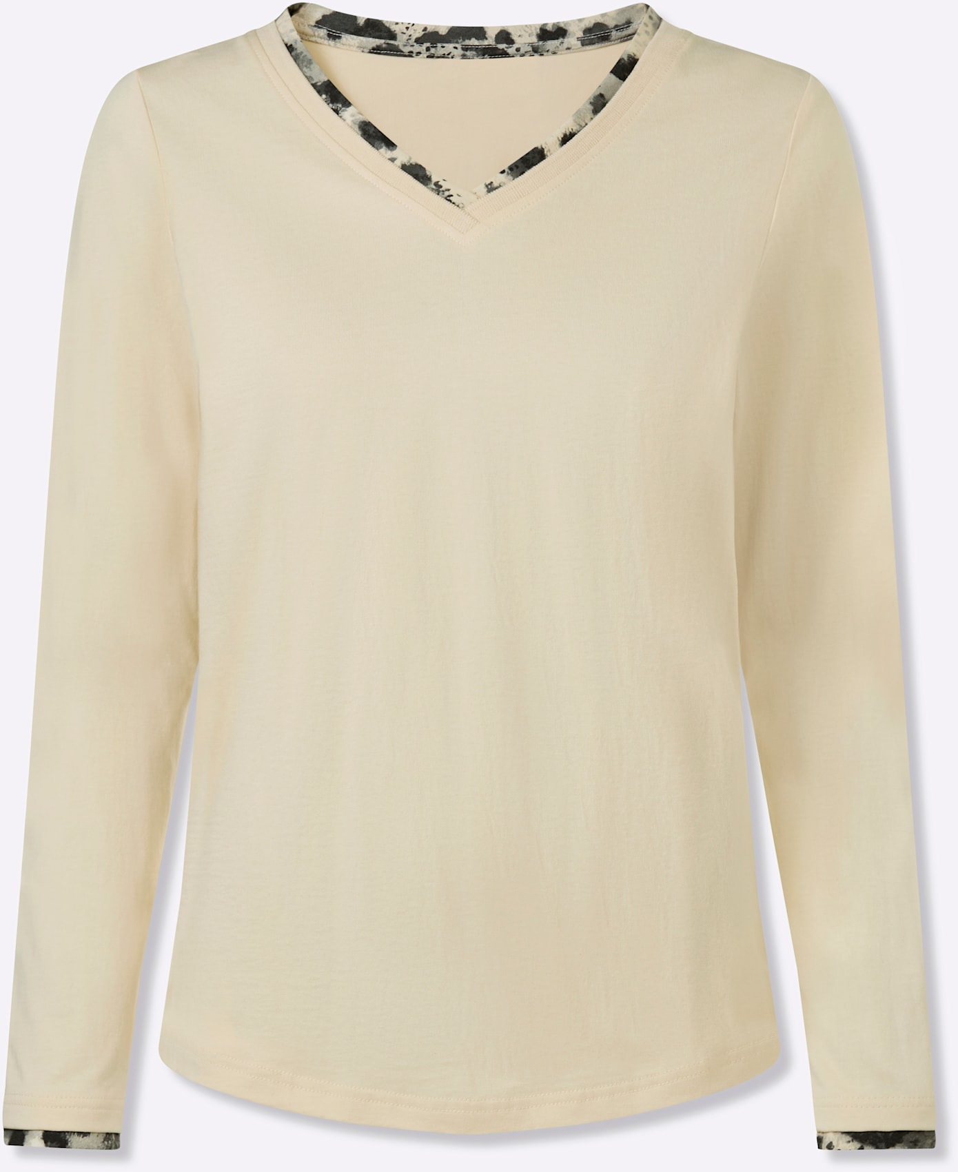 Langarmshirt HEINE "Langarm-Shirt", Damen, Gr. 40, sand, 100% Baumwolle, gemustert, mehrfarbig, unifarben, V-Ausschnitt, Shirts Langarmshirt 3