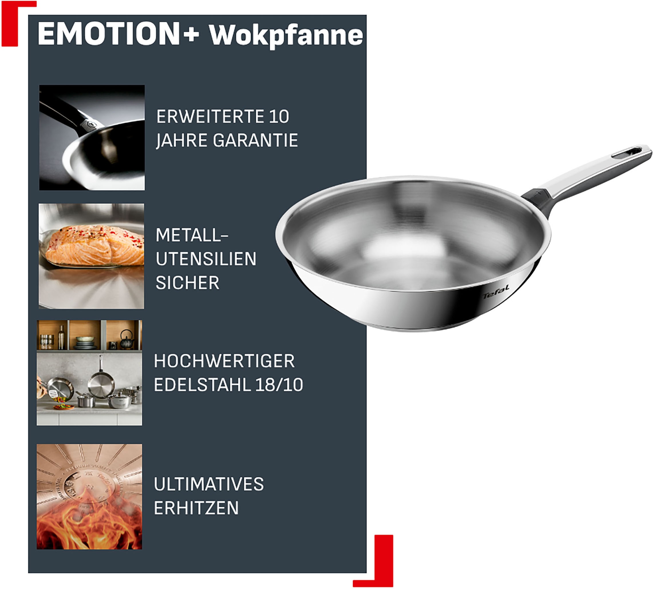 Tefal Wok »Emotion+« Edelstahl 1 tlg. Premium Edelstahl, Induktion, spülmaschinenfest, hochglanzpoliert