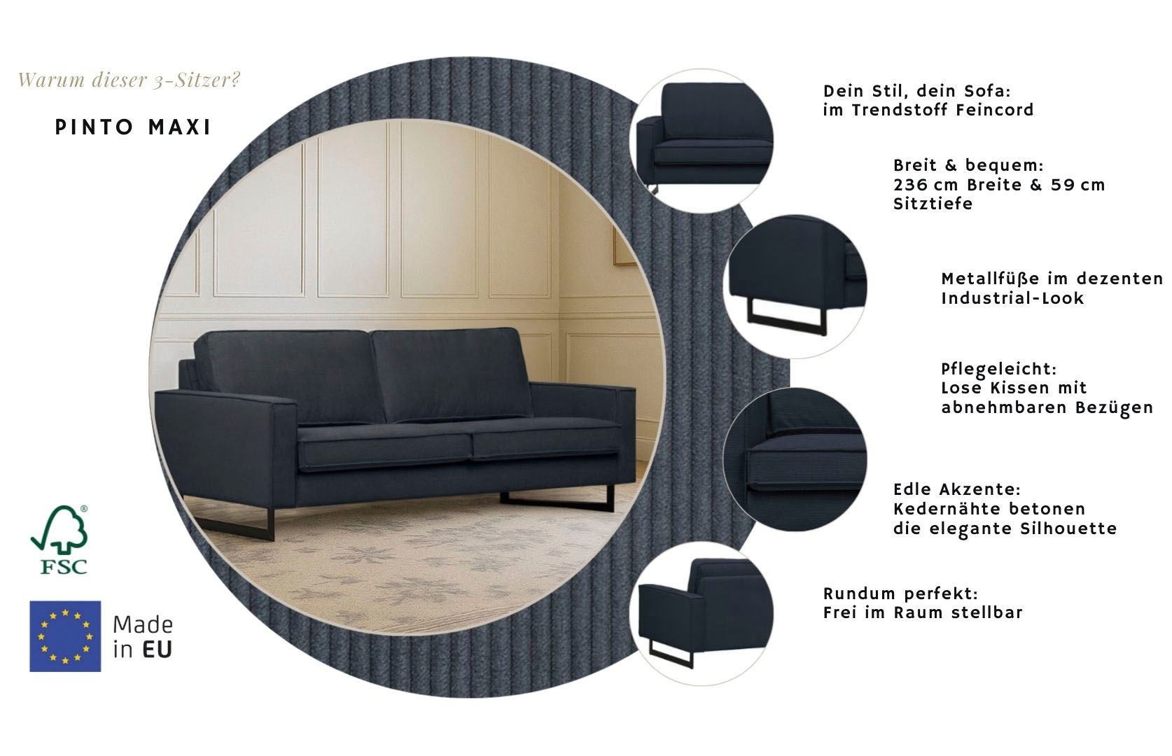 Home Affaire Pinto Maxi 3-Seater Sofa Smoke Blue 236cm 2
