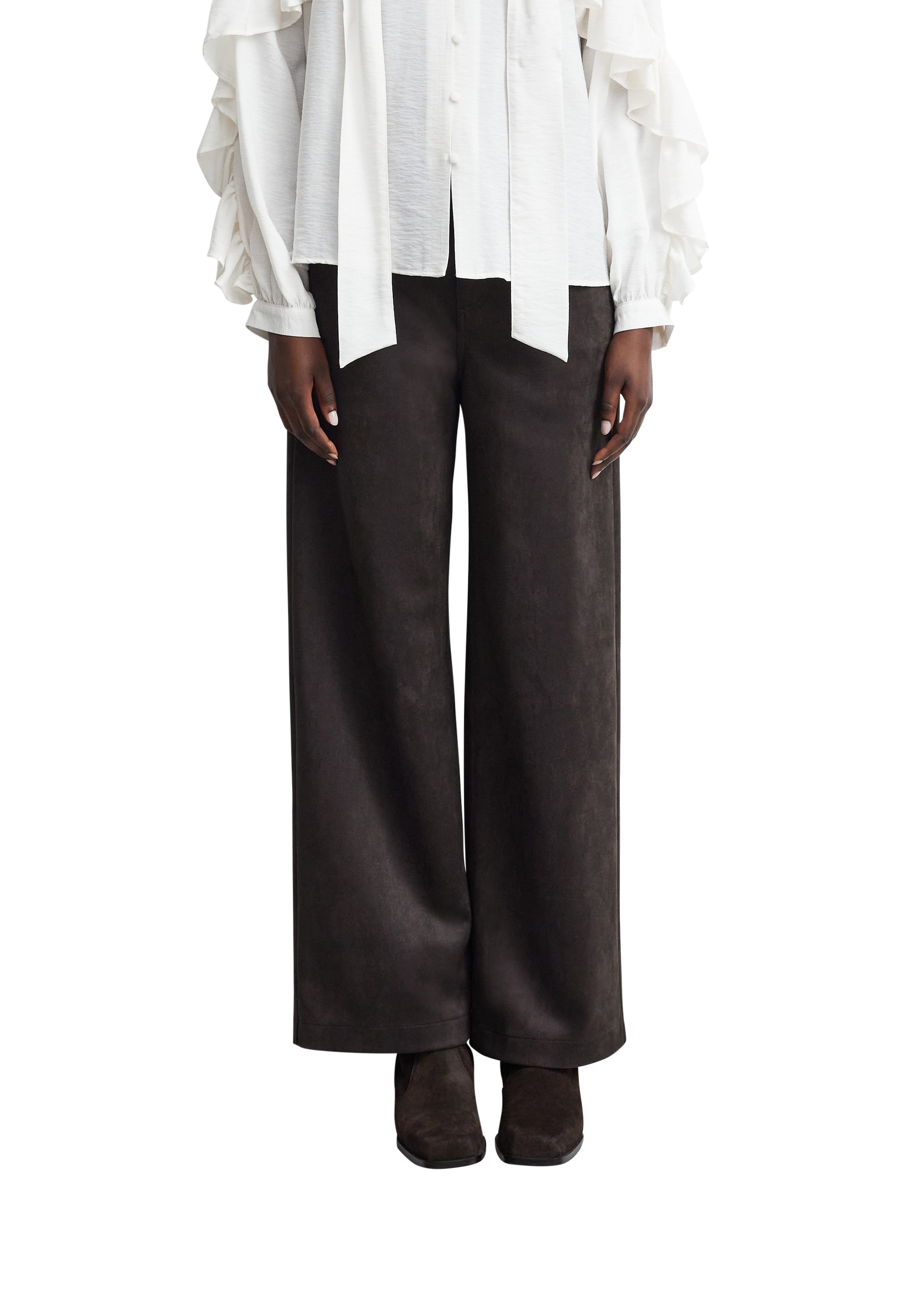 Comma Lederimitathose aus softem Velours, Wide Leg, High Rise