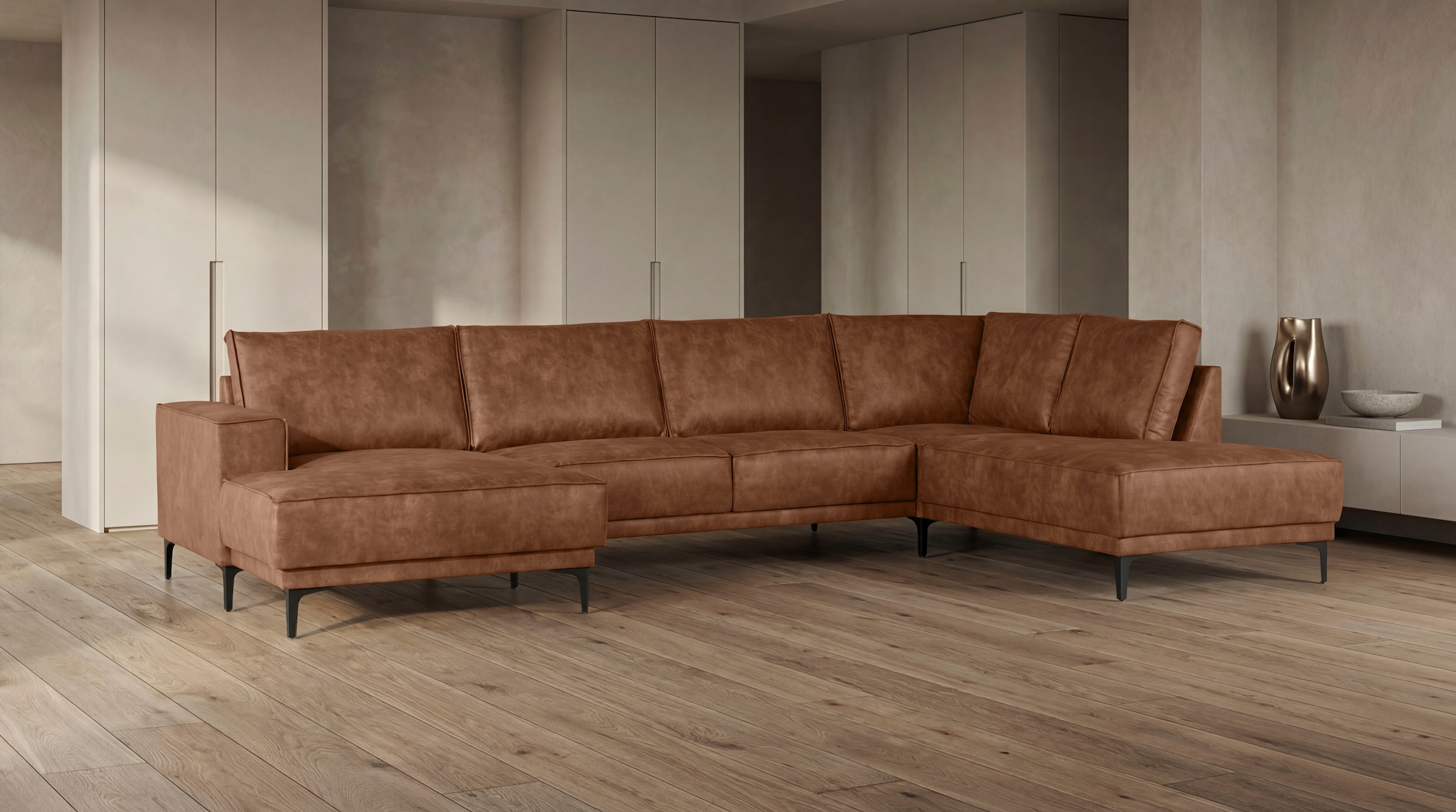OTTO home Wohnlandschaft »OLAND Luxus-Microfaser U-Form, XXL, B: 345 cm, Skandi-Design« U-Form, 345 cm, Wellenunterfederung, Skandi-Design, Metallfüße
