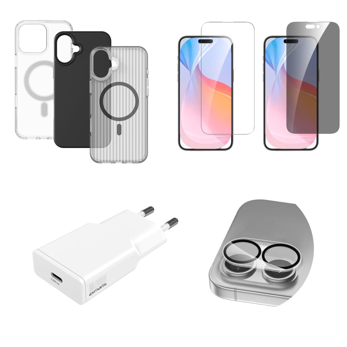 4smarts Handyhülle »7in1 Value Set für Apple iPhone 16«, 3x Hülle, 2x Schutzglas, Kameraschutzglas, Schnellladegerät
