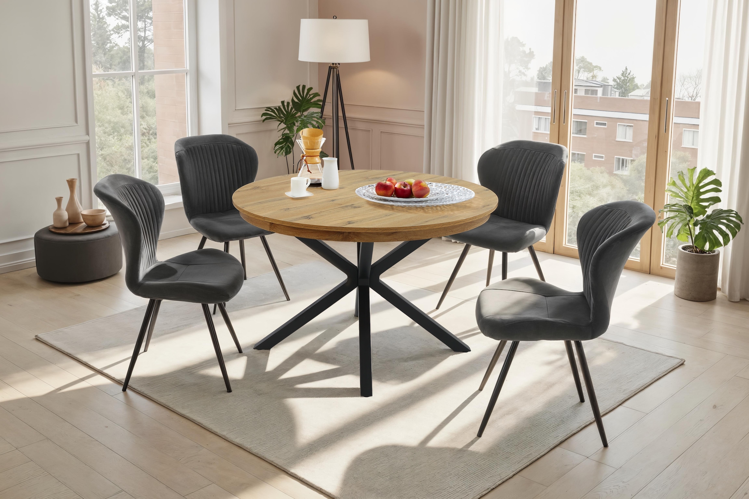 Jockenhöfer Gruppe Essgruppe »Olbia/Düren, Sitzgruppe (Set, 5-tlg., 1 Ausziehtisch und 4 Stühle)« 5 tlg. Tisch mit Butterflyauszug, 120-160 cm, Wildeiche