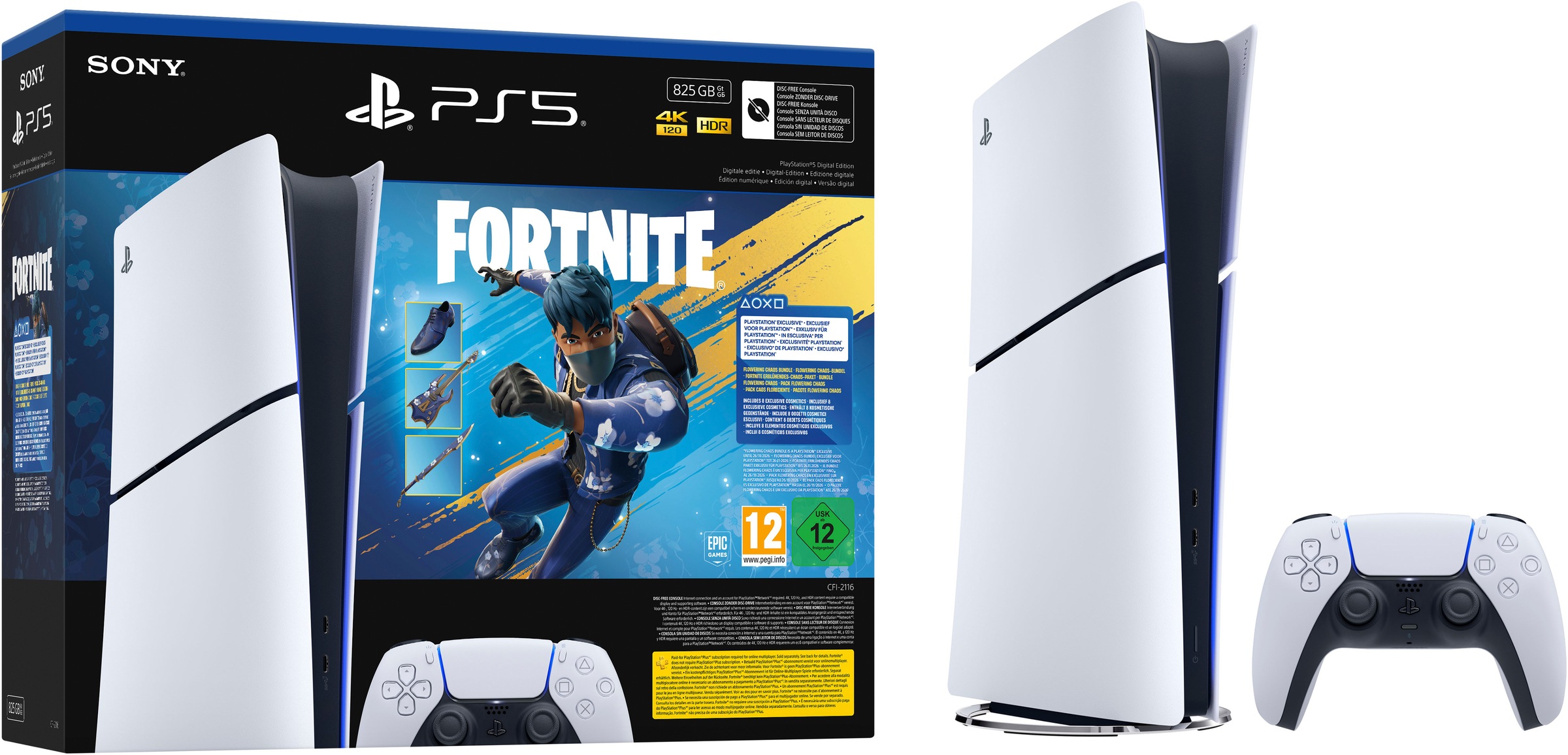 PLAYSTATION 5 Konsolen-Set "PS5 Digital Edition (Slim) – Fortnite Erblühendes-Chaos-Bundle"weiß, schwarz, Spielekonsolen