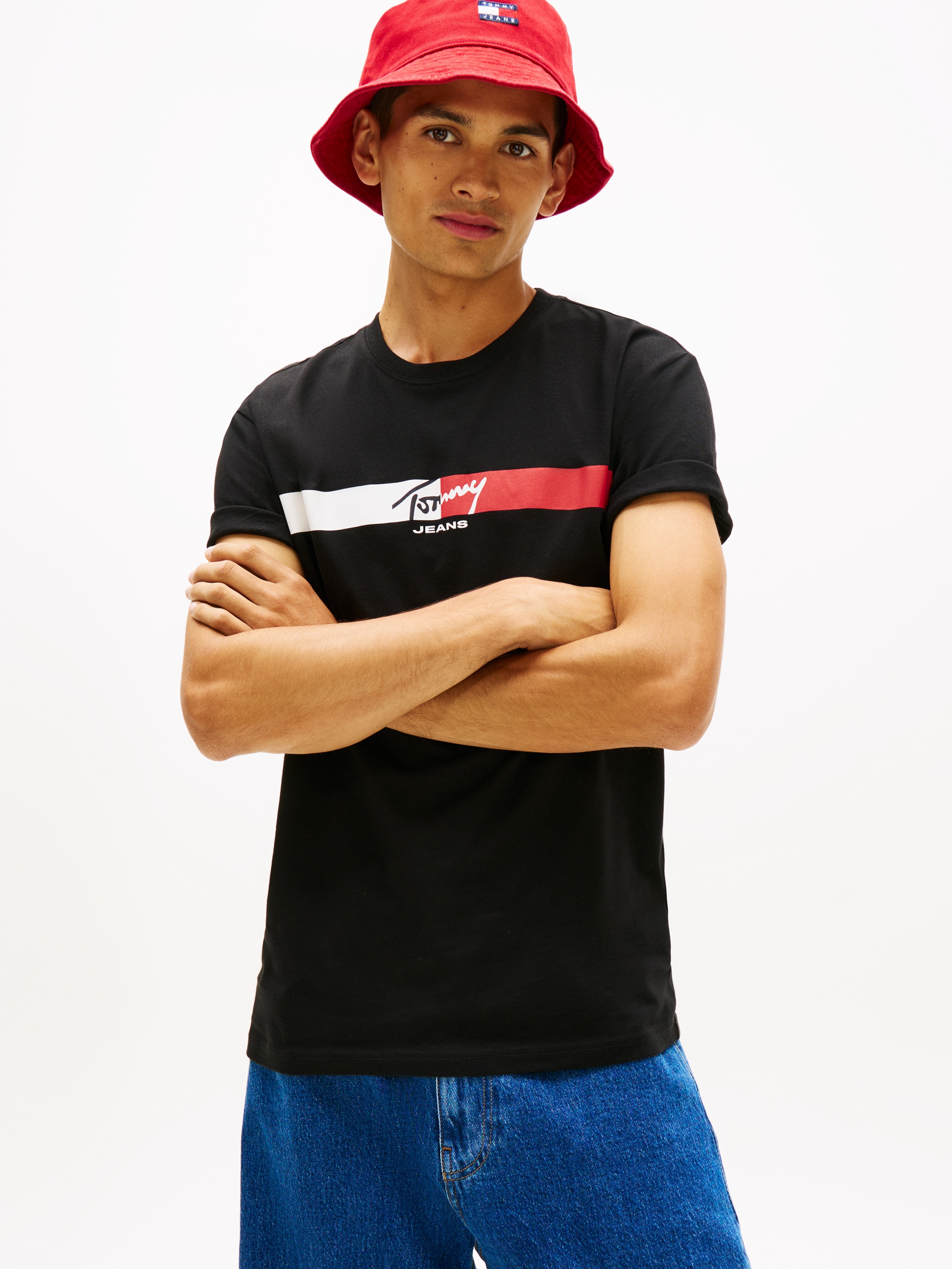 Tommy Jeans T-Shirt "TJM REGULAR FIT SIGNATURE STRIPE" mit Label-Print