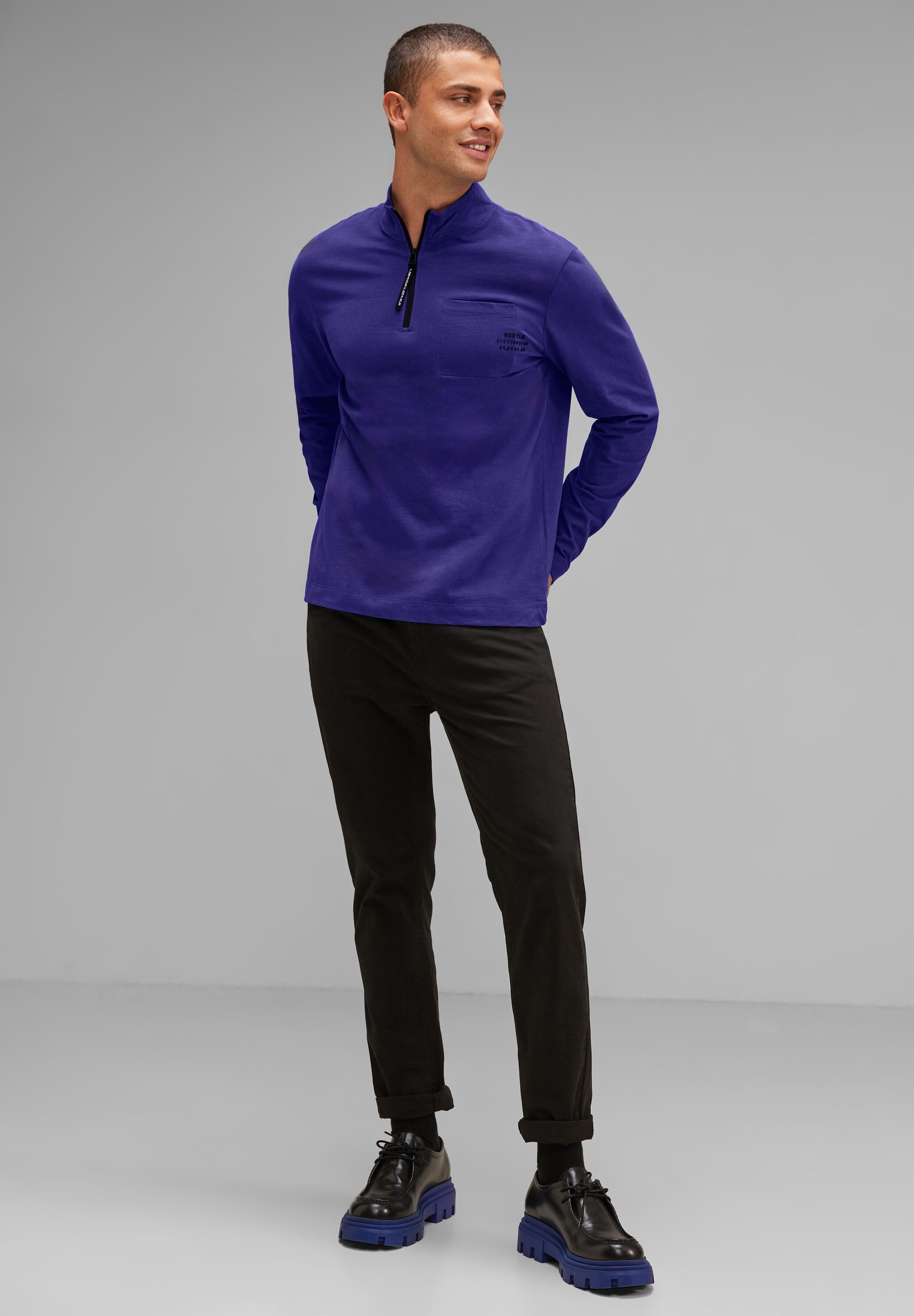 STREET ONE MEN Stehkragenshirt, aus reiner Baumwolle